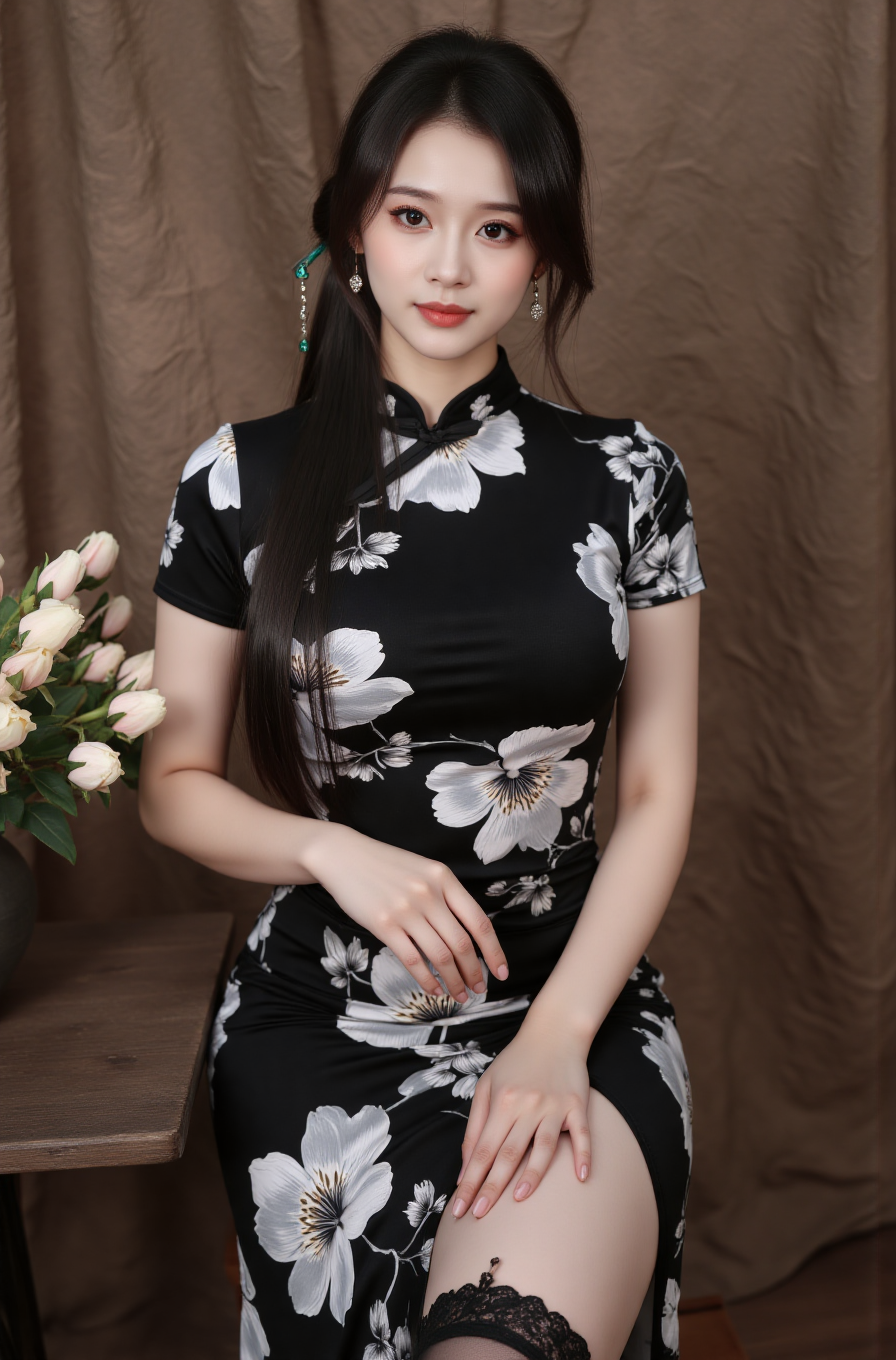Fuxl-lora-黑色印花旗袍『MX032』-微草幻图