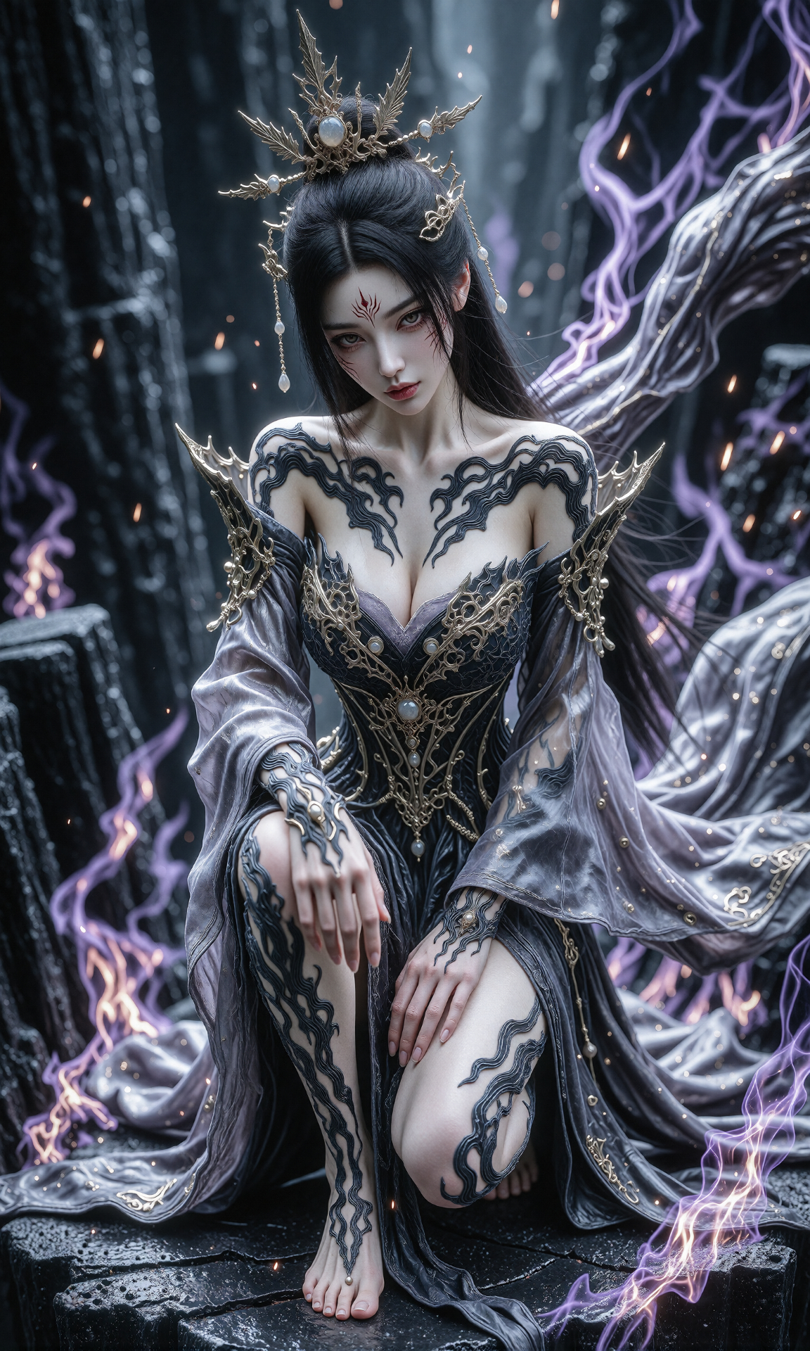 图片[1]-V-Girl.001 黑发女子身披暗金华服，紫焰缭绕的神秘场景-微草幻图