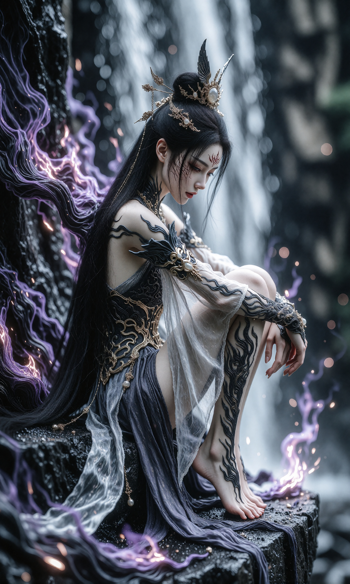 图片[3]-V-Girl.001 黑发女子身披暗金华服，紫焰缭绕的神秘场景-微草幻图