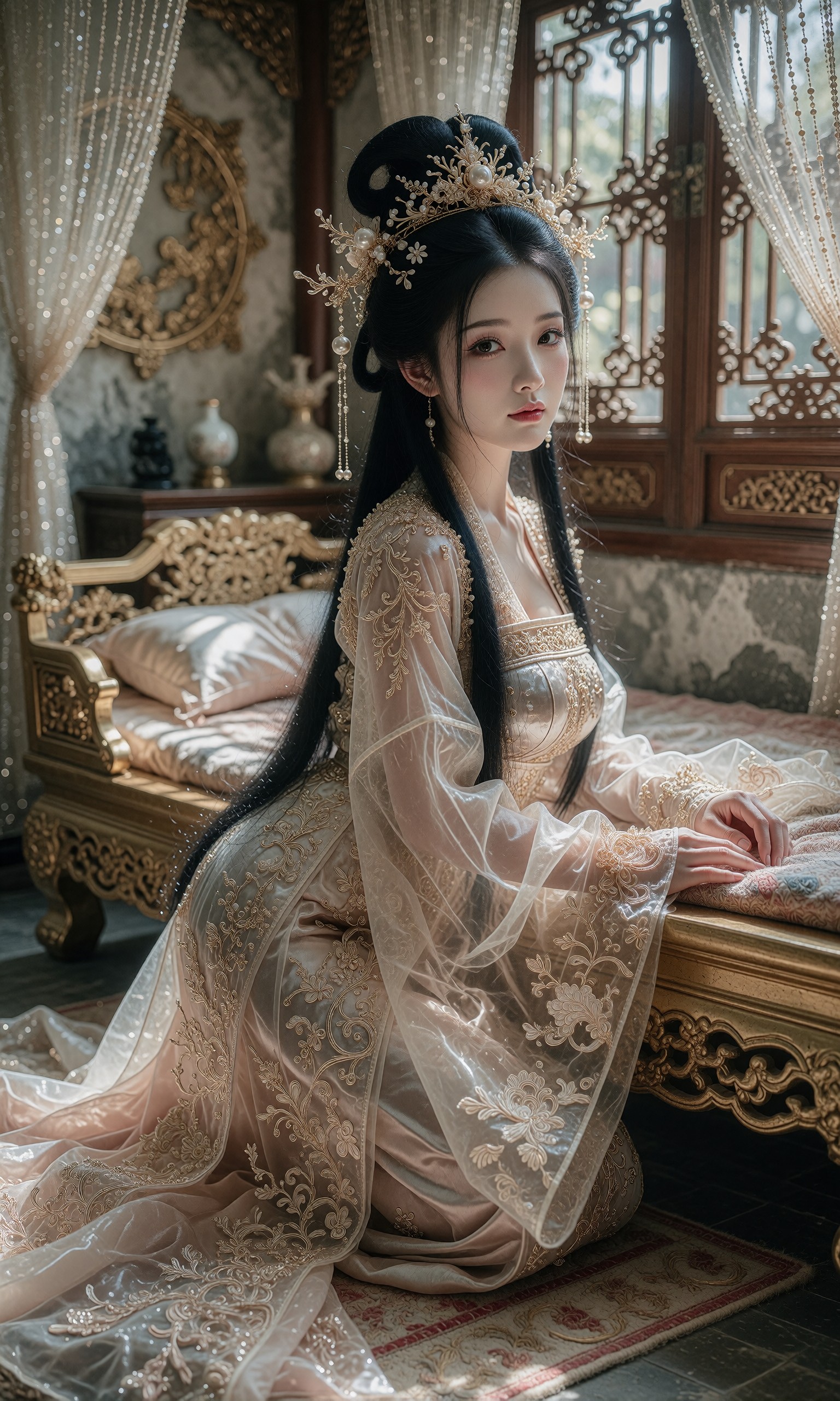 图片[3]-V-Girl.003 古风美人倚窗凝思庭院喂鱼-微草幻图