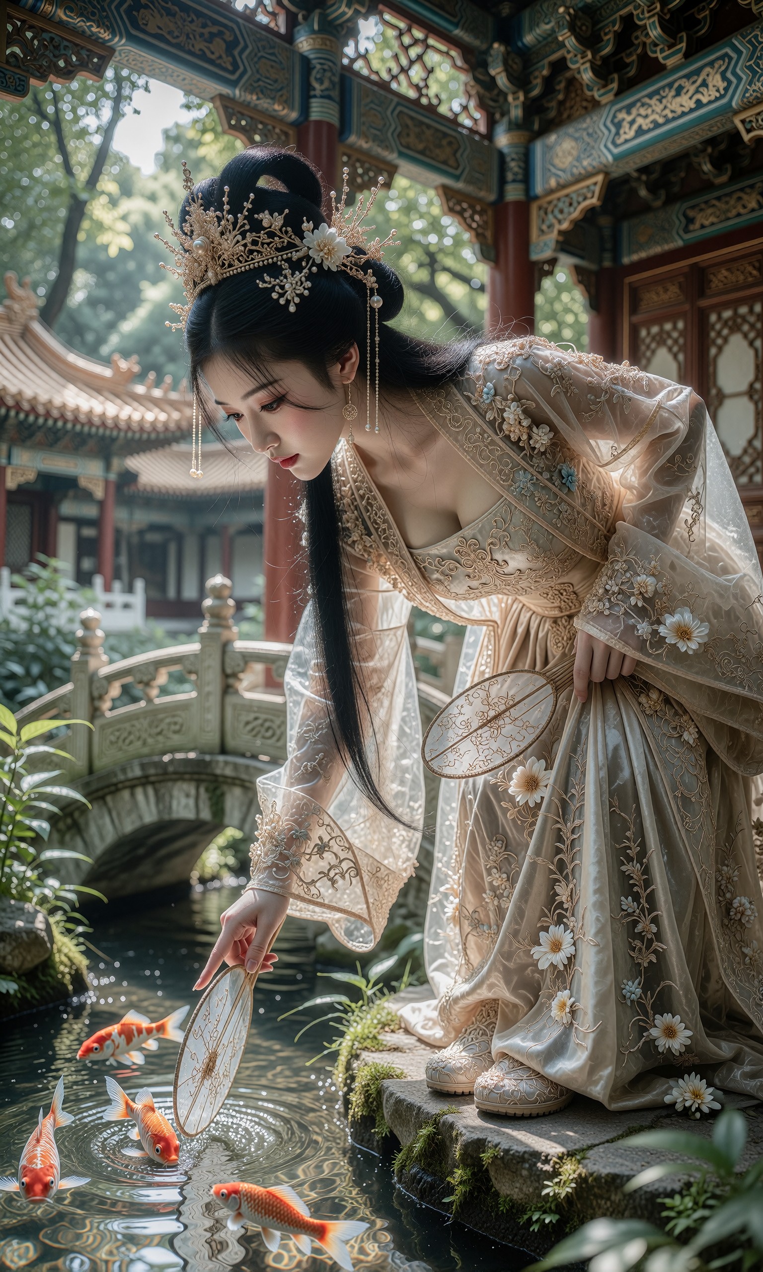 图片[1]-V-Girl.003 古风美人倚窗凝思庭院喂鱼-微草幻图