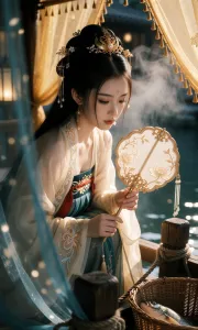 V-Girl.004 古装女子执扇静坐水边-微草幻图