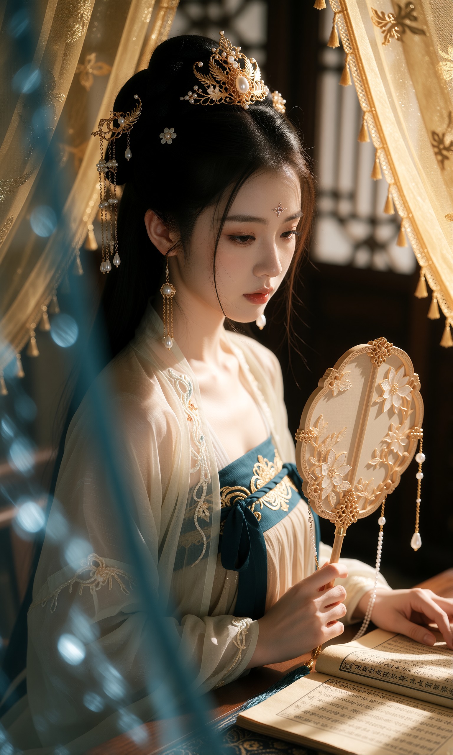 图片[2]-V-Girl.004 古装女子执扇静坐水边-微草幻图
