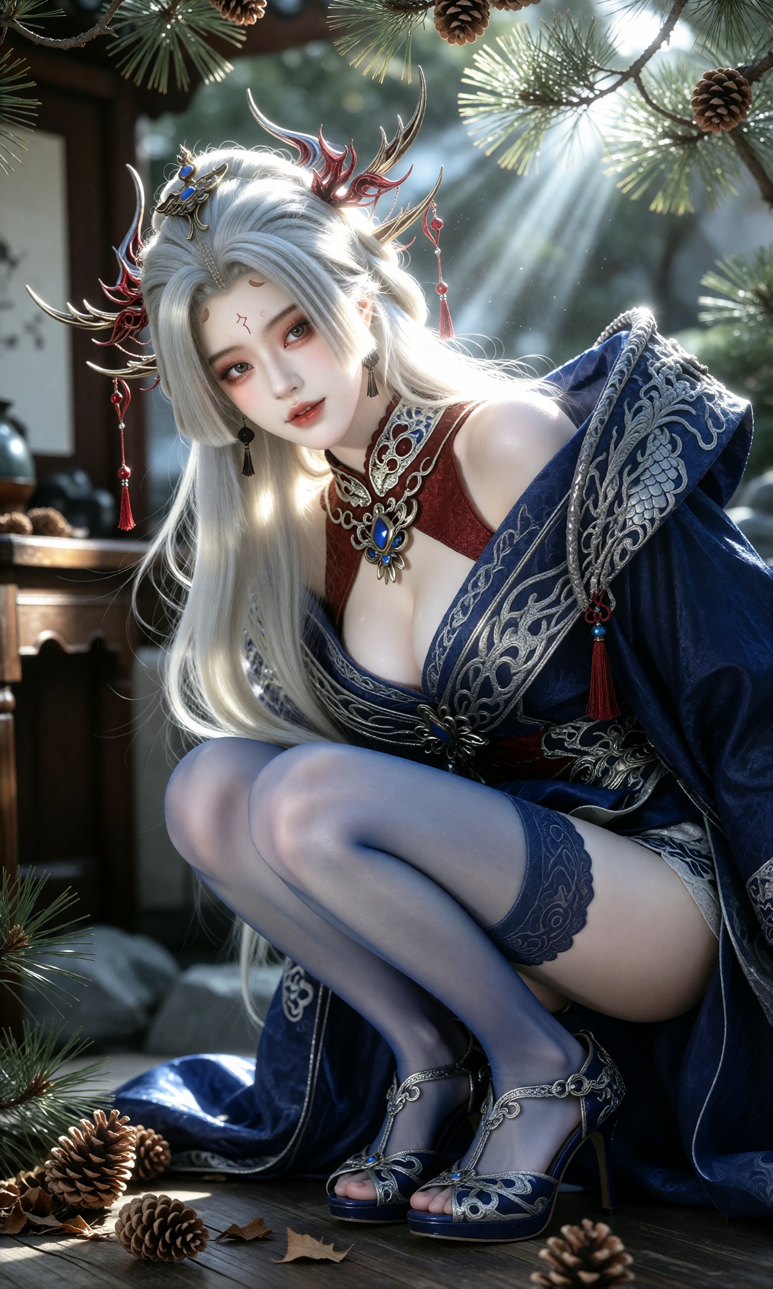 图片[1]-V-Girl.005 银发古装女子在松下吹笛-微草幻图