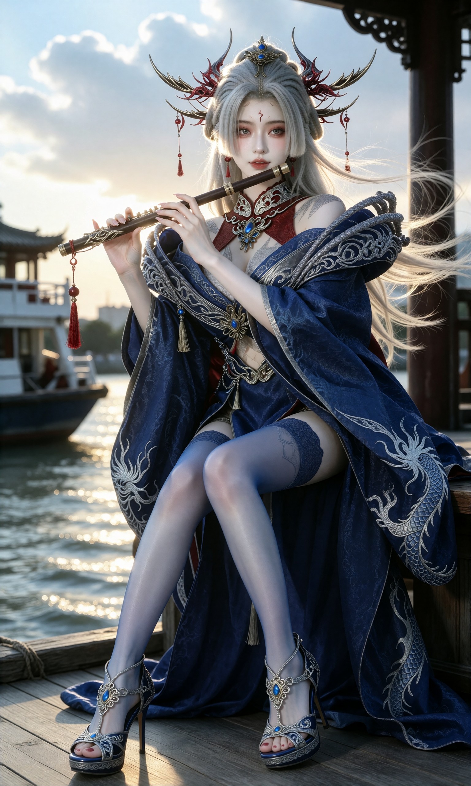 图片[3]-V-Girl.005 银发古装女子在松下吹笛-微草幻图