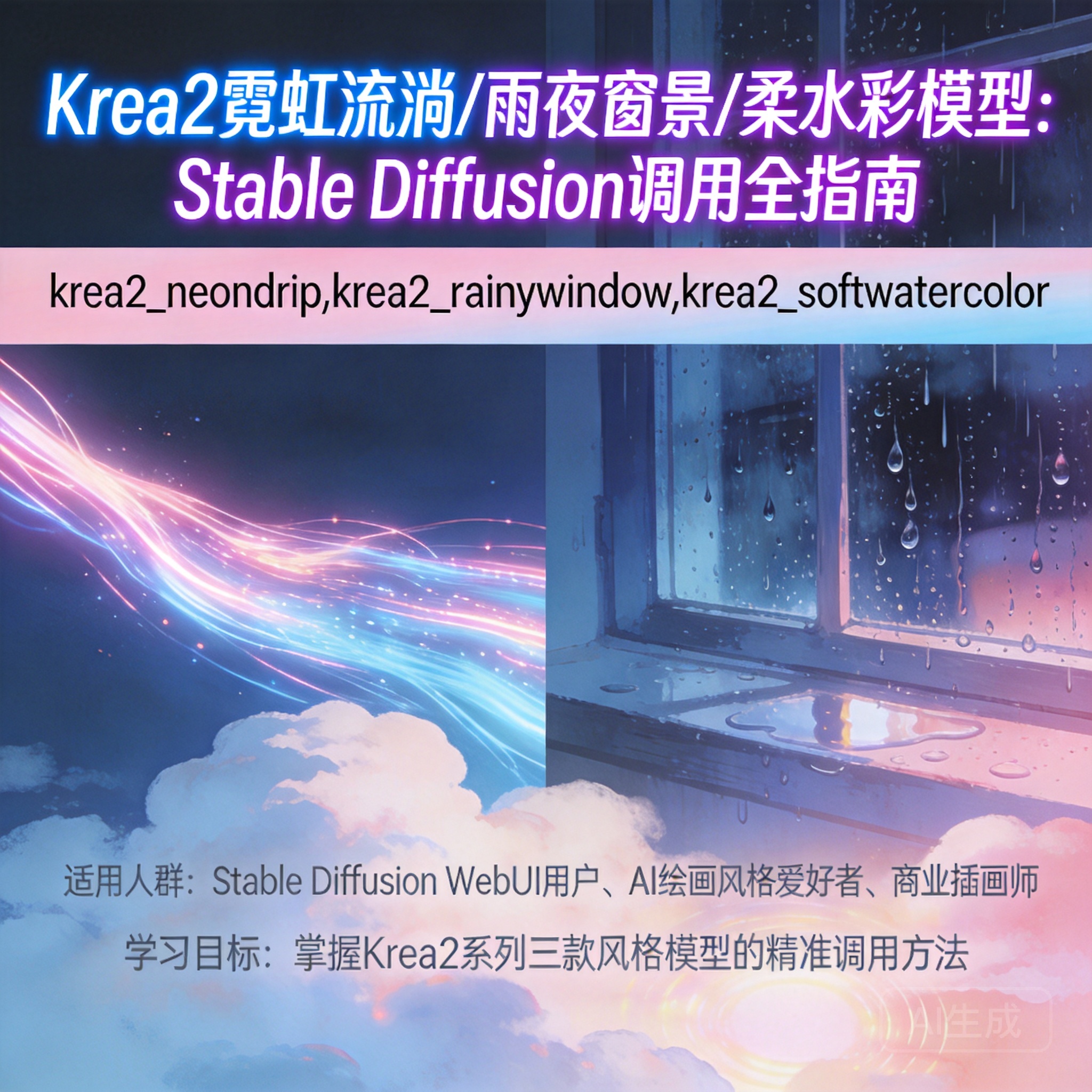 Krea2霓虹流淌/雨夜窗景/柔水彩模型:Stable Diffusion调用全指南