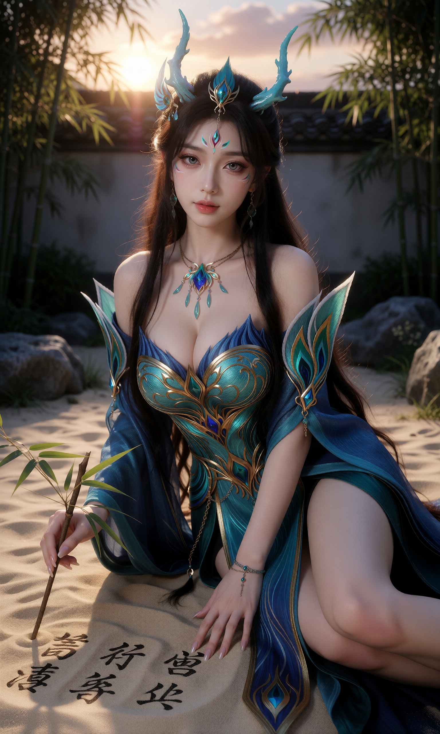 图片[1]-V-Girl.008 蓝衣仙子竹影雨中静坐-微草幻图