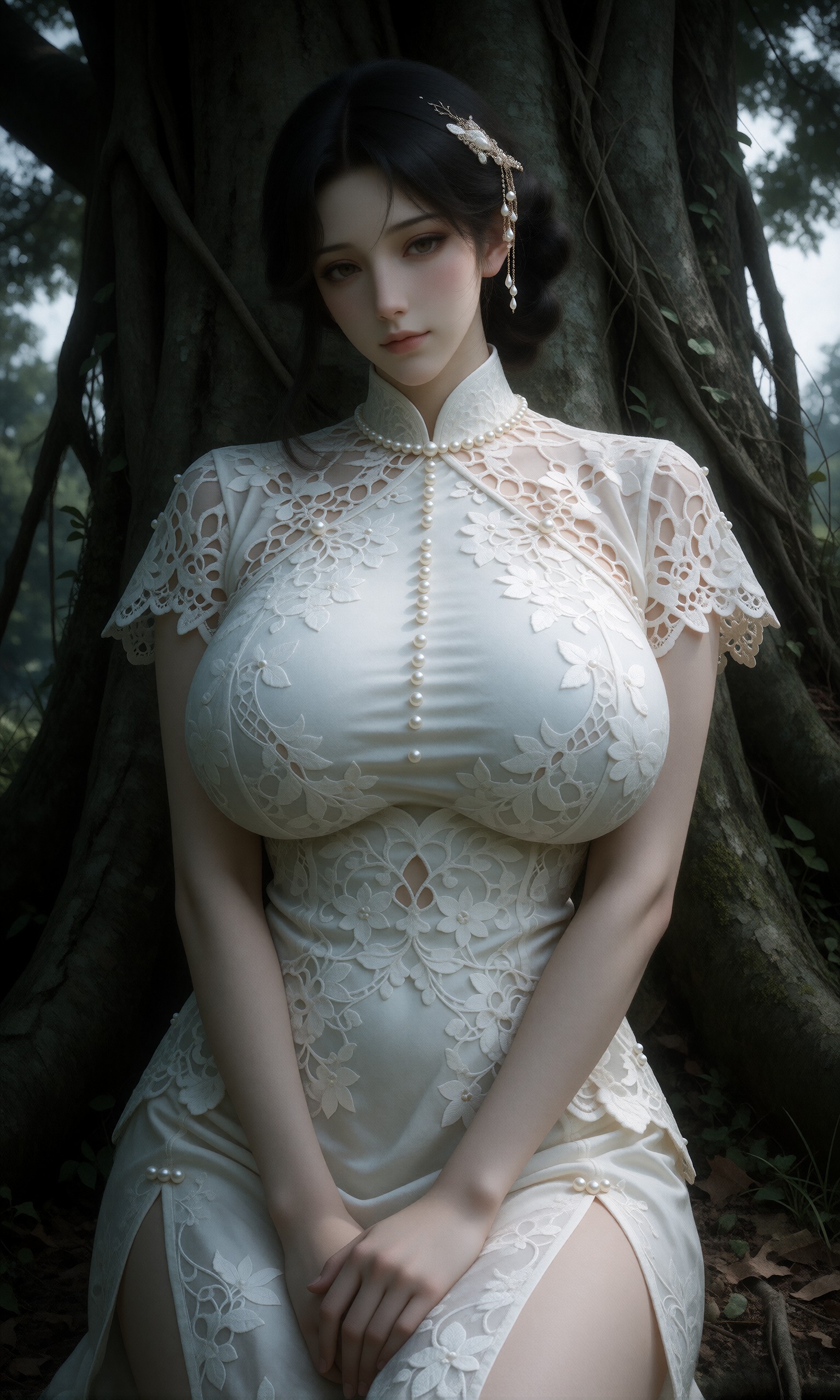 图片[1]-V-Girl.011 白裙女子倚树静坐，蕾丝旗袍映林间-微草幻图