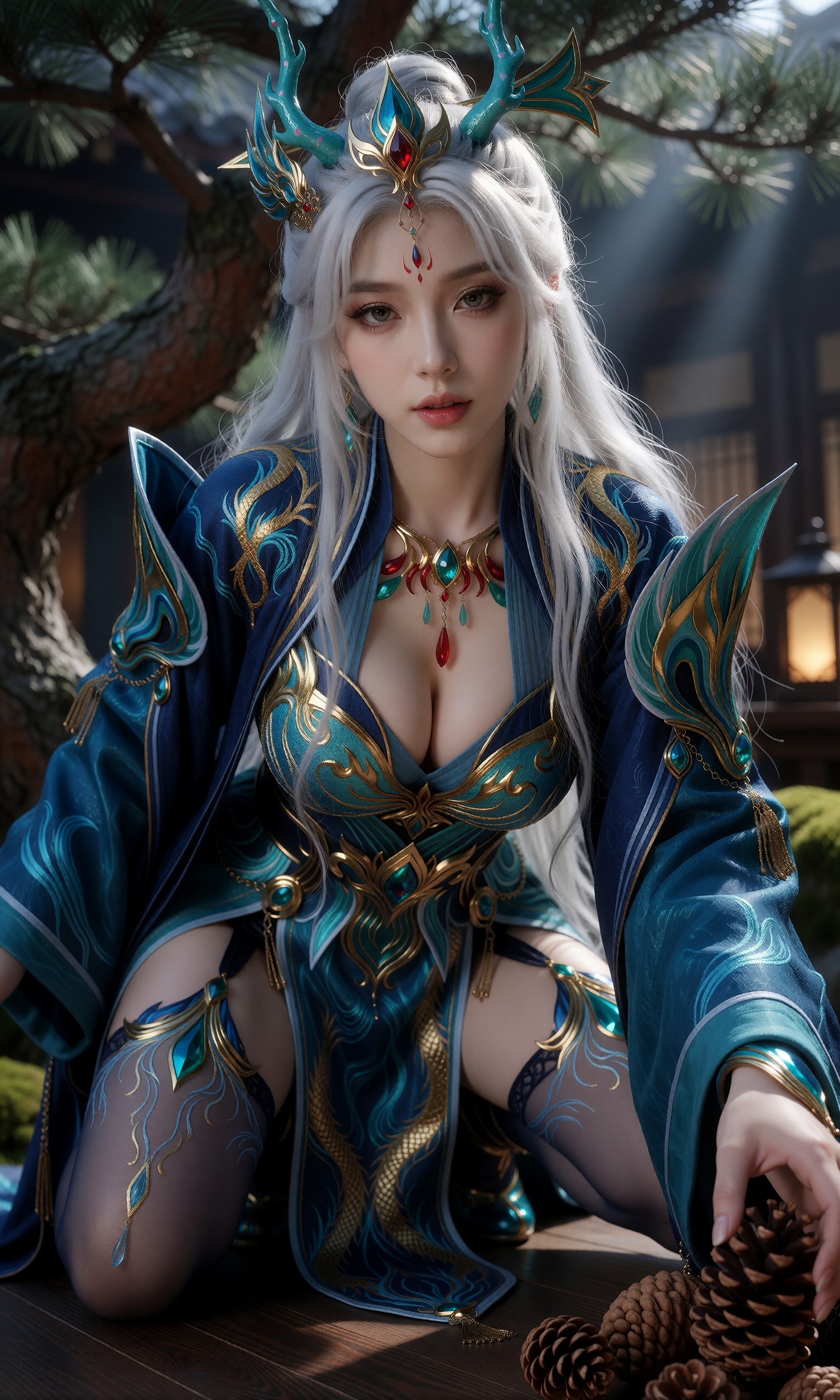 图片[2]-V-Girl.015 银发仙姬身着蓝金华服静坐庭院-微草幻图