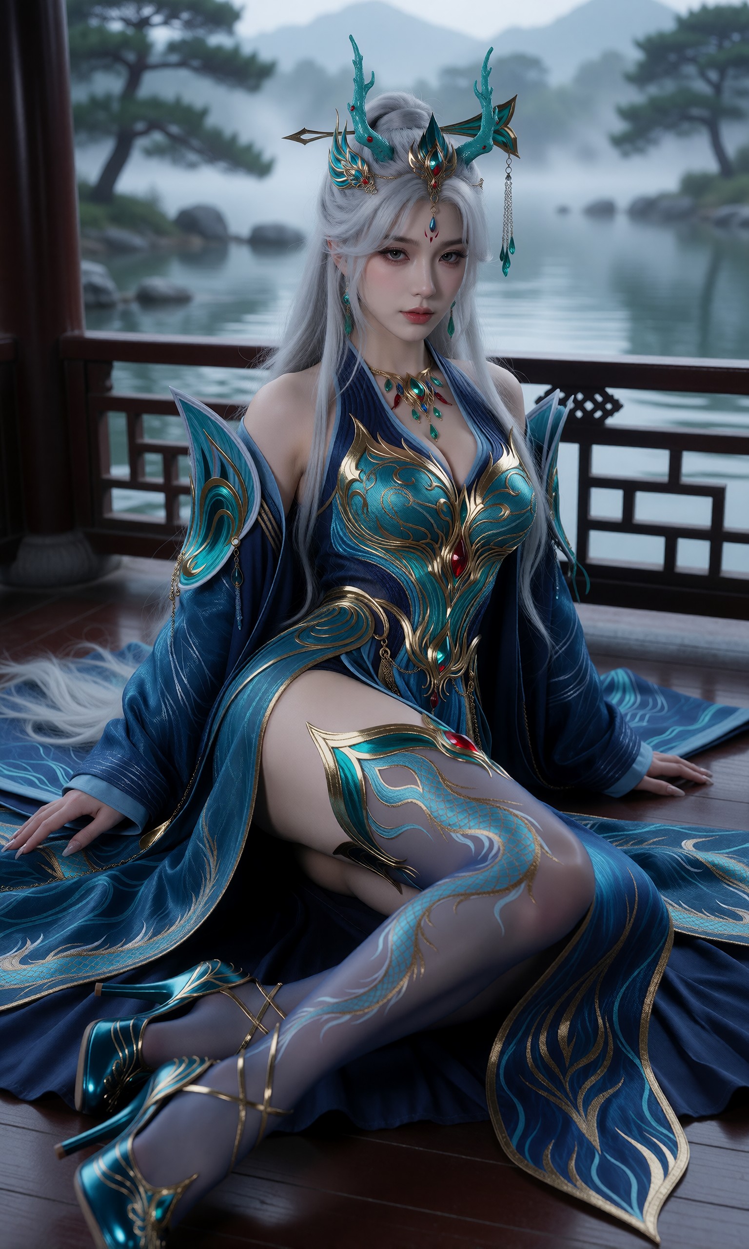 图片[3]-V-Girl.015 银发仙姬身着蓝金华服静坐庭院-微草幻图