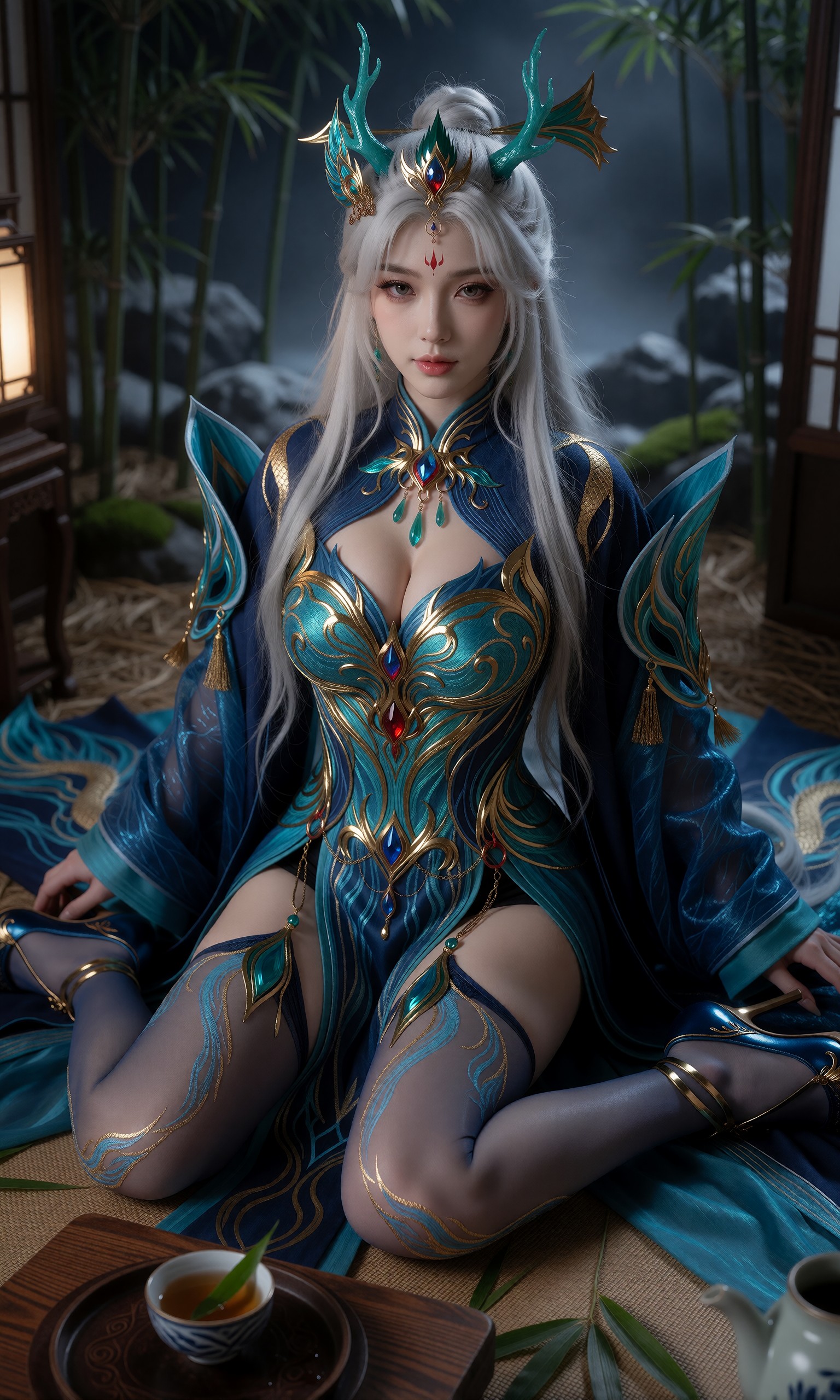 图片[1]-V-Girl.015 银发仙姬身着蓝金华服静坐庭院-微草幻图