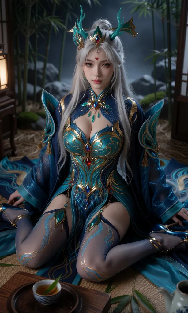 V-Girl.015 银发仙姬身着蓝金华服静坐庭院-微草幻图