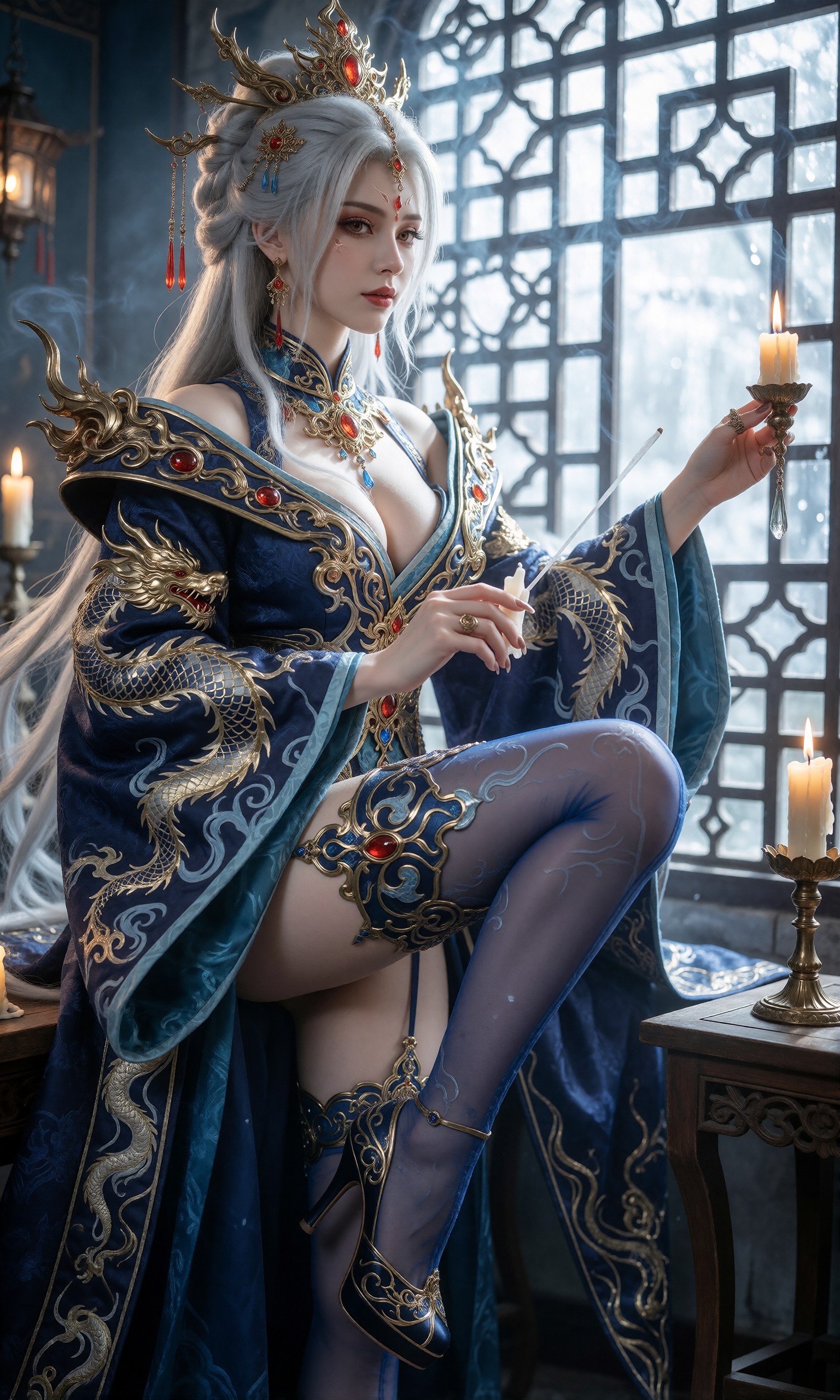图片[2]-V-Girl.018 银发龙纹华服女子在水边倾桶-微草幻图