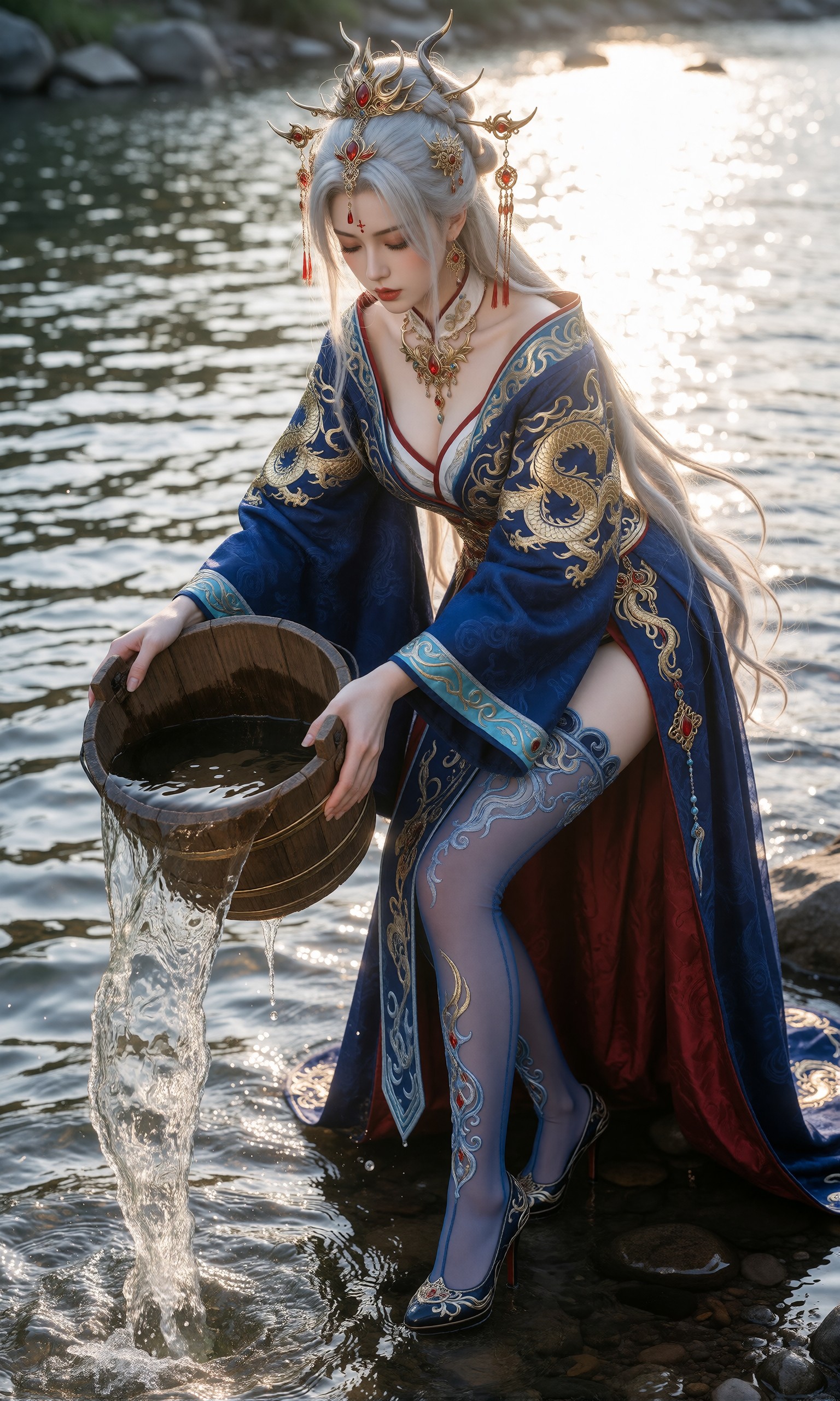 图片[1]-V-Girl.018 银发龙纹华服女子在水边倾桶-微草幻图