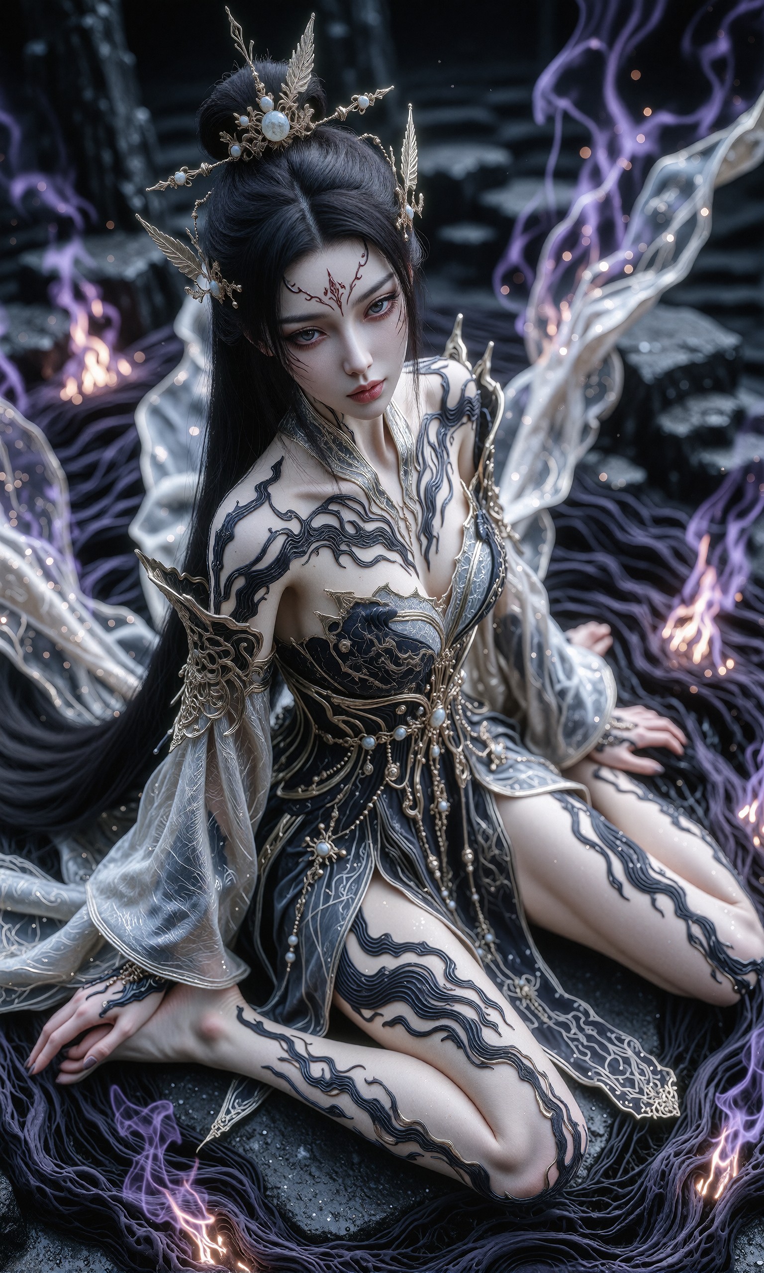 图片[1]-V-Girl.023 黑发女子身披神秘纹路静坐暗夜-微草幻图