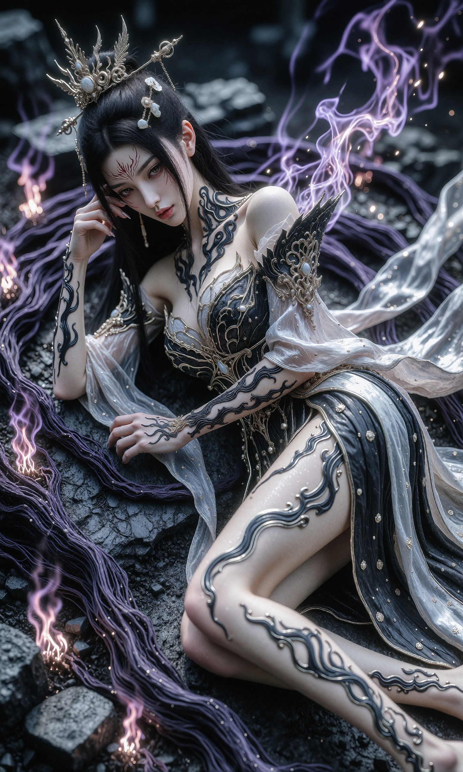 图片[2]-V-Girl.023 黑发女子身披神秘纹路静坐暗夜-微草幻图