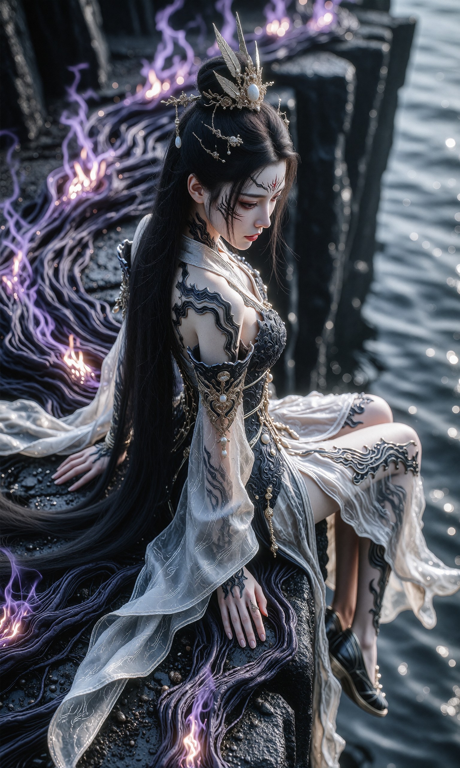 图片[3]-V-Girl.023 黑发女子身披神秘纹路静坐暗夜-微草幻图