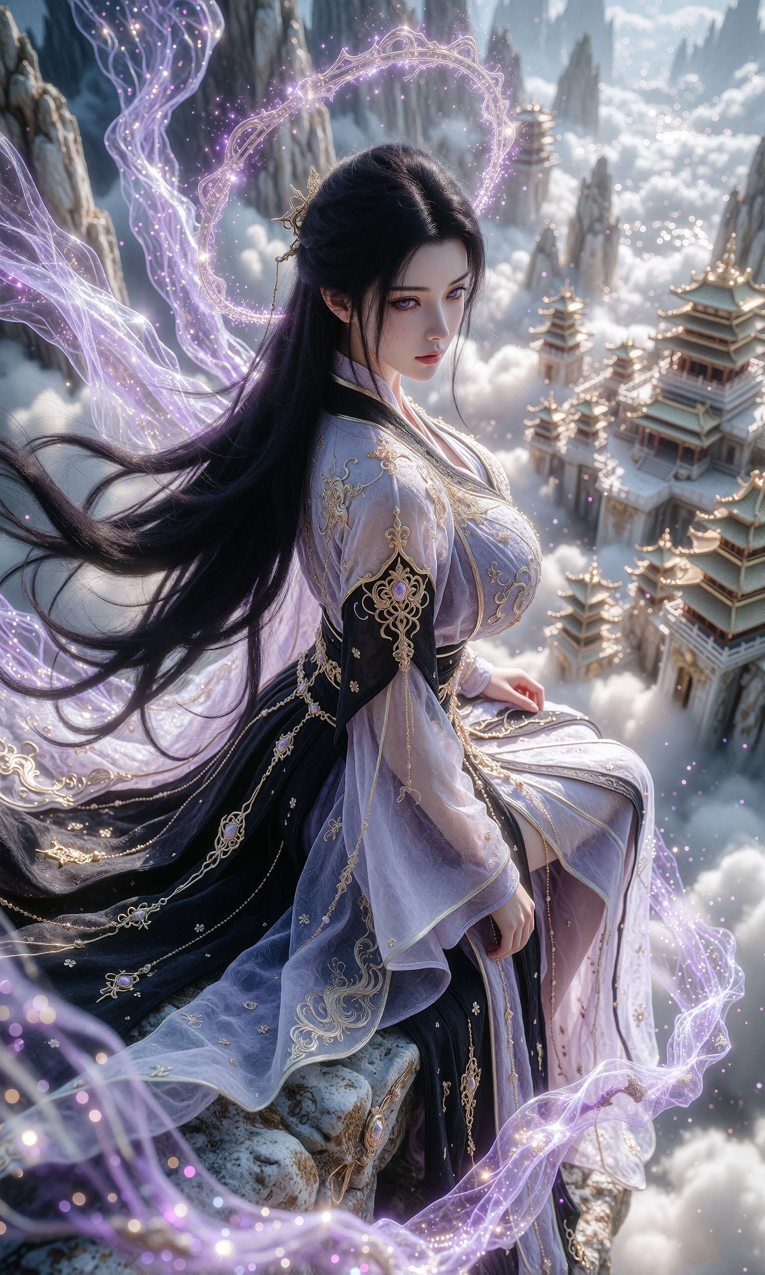 图片[1]-V-Girl.025 云间仙子轻抚莲，紫光环绕的古风美人-微草幻图