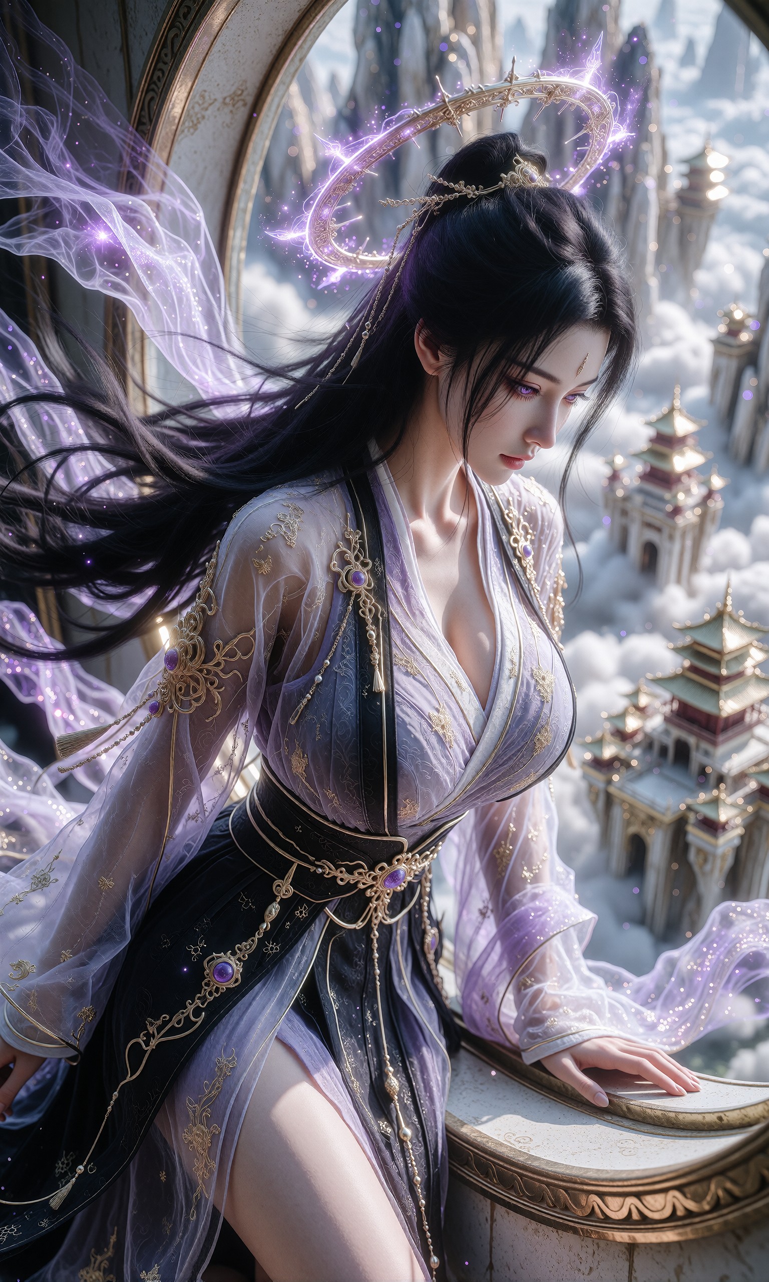 图片[2]-V-Girl.025 云间仙子轻抚莲，紫光环绕的古风美人-微草幻图