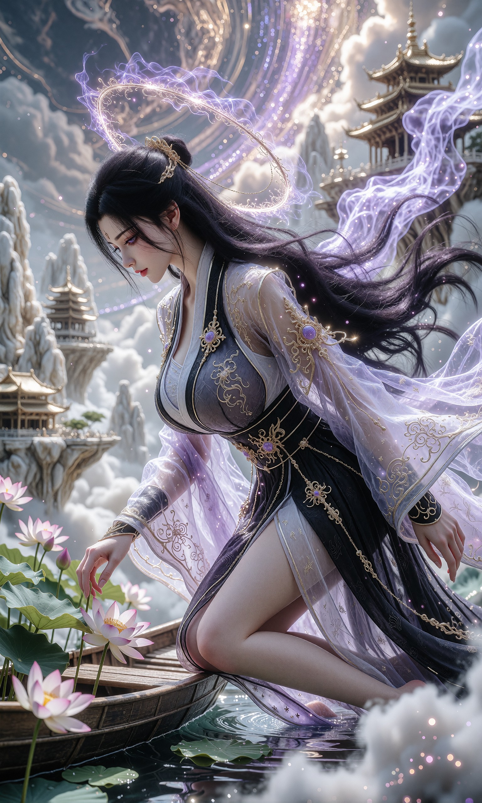 图片[3]-V-Girl.025 云间仙子轻抚莲，紫光环绕的古风美人-微草幻图