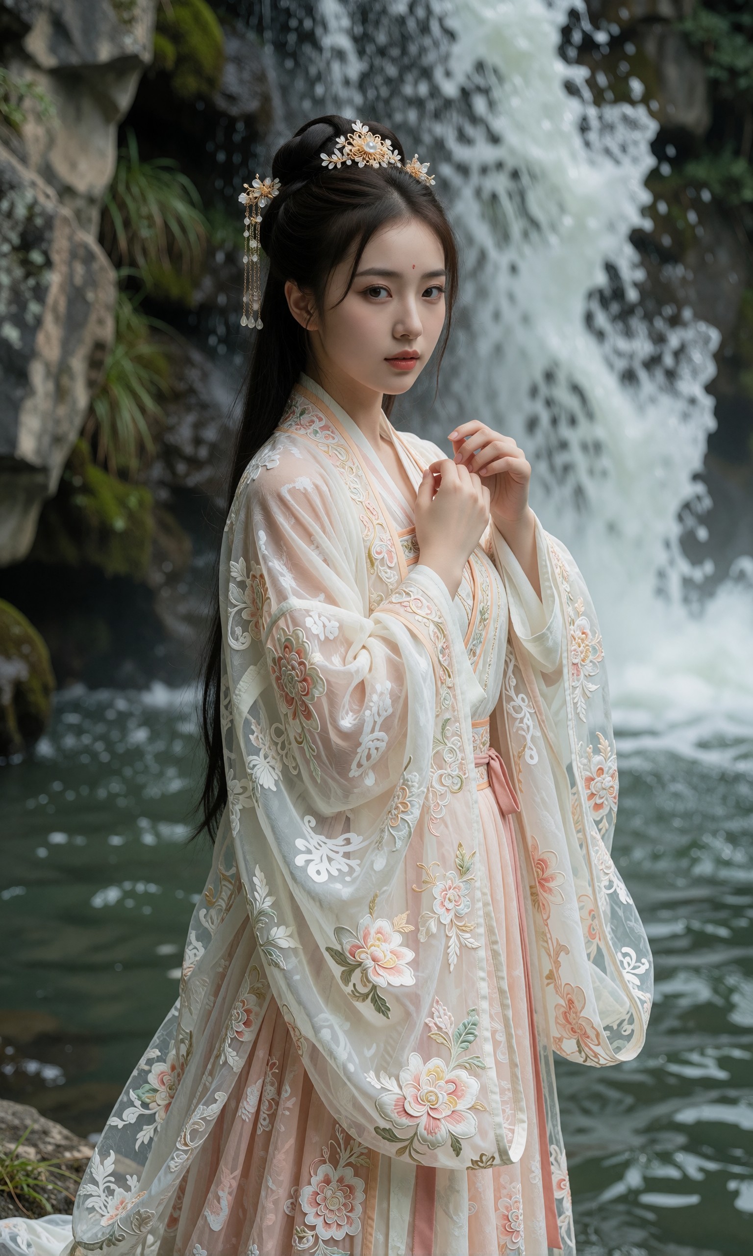 图片[1]-V-Girl.028 古风美人立瀑布前 汉服飘逸如画-微草幻图