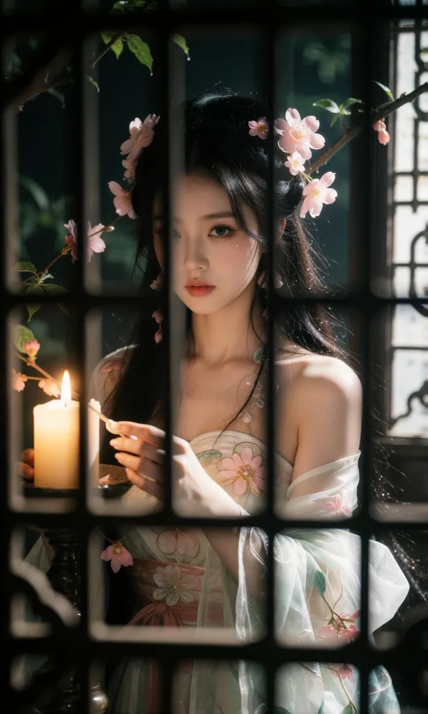 V-Girl.029 古风女子在花影与烛光间静立-微草幻图