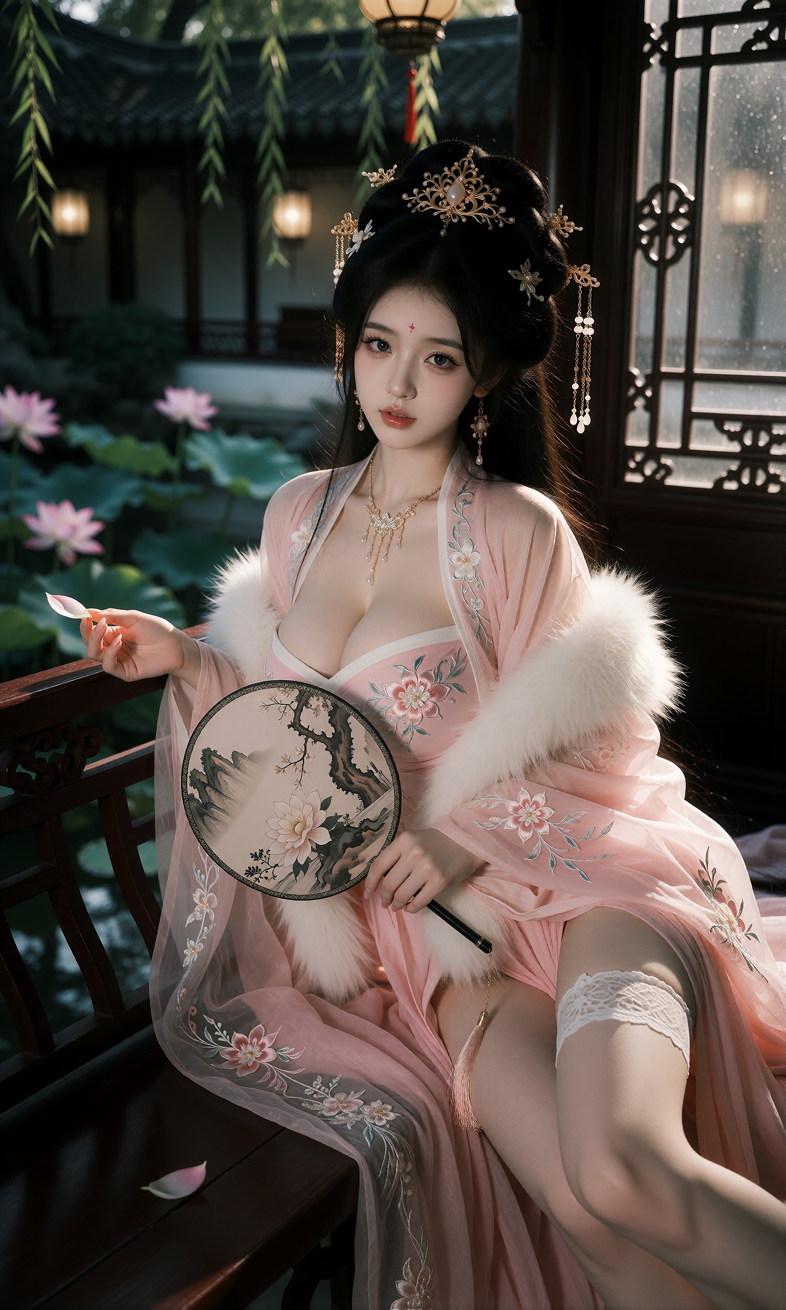 图片[3]-V-Girl.033 古风美人持扇倚栏，莲池映影-微草幻图