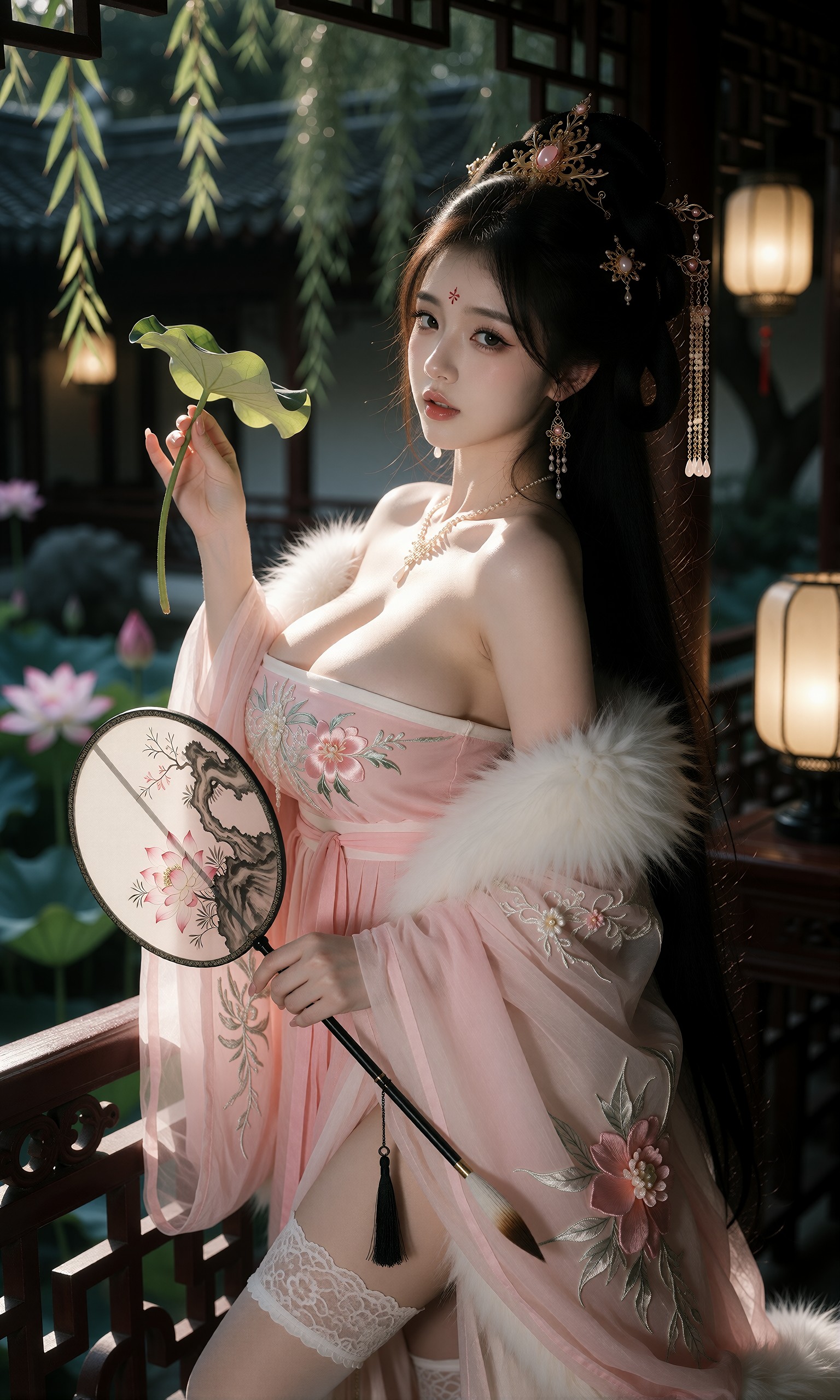 图片[1]-V-Girl.033 古风美人持扇倚栏，莲池映影-微草幻图