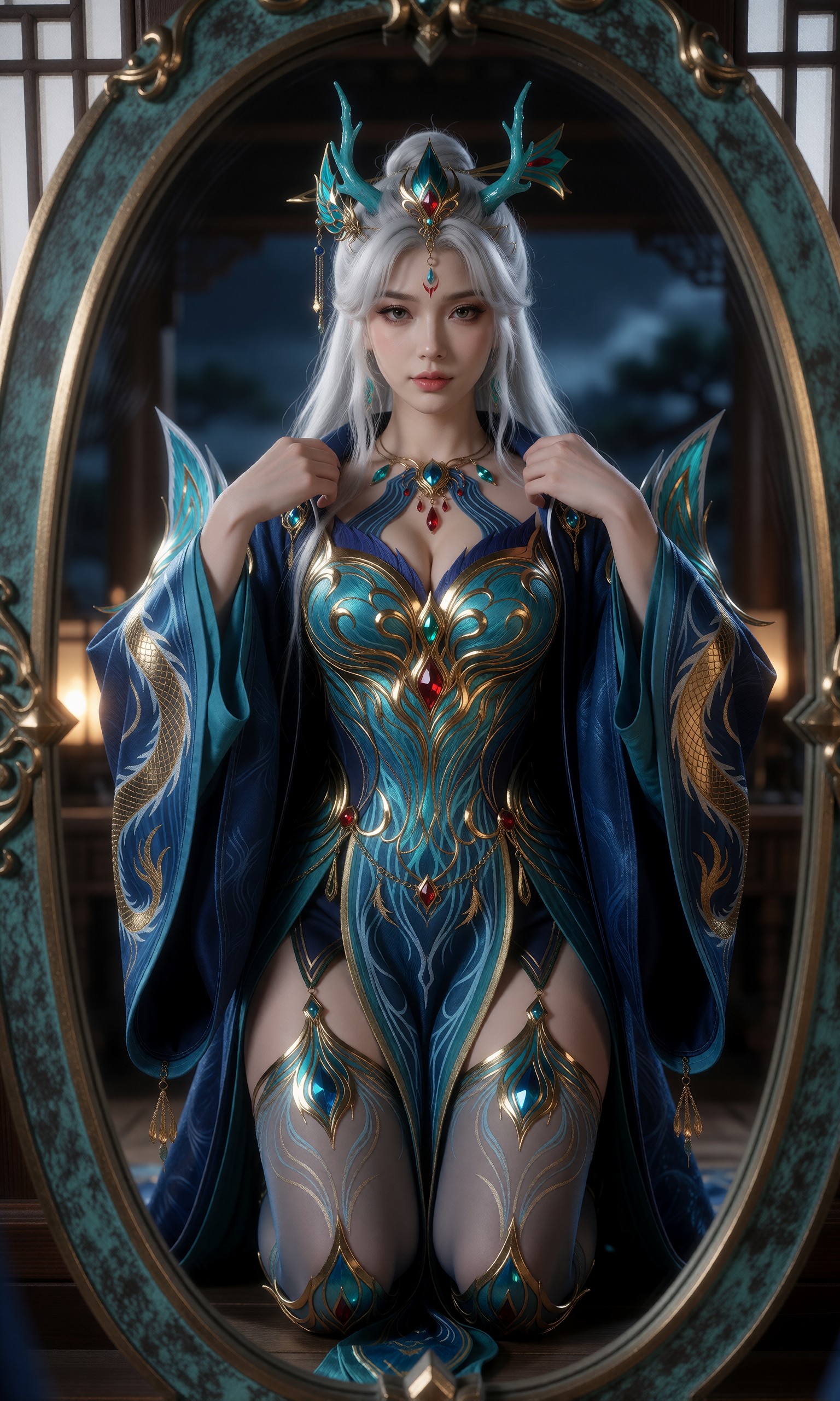图片[2]-V-Girl.035 蓝金龙纹装的白发女子在古风场景中-微草幻图