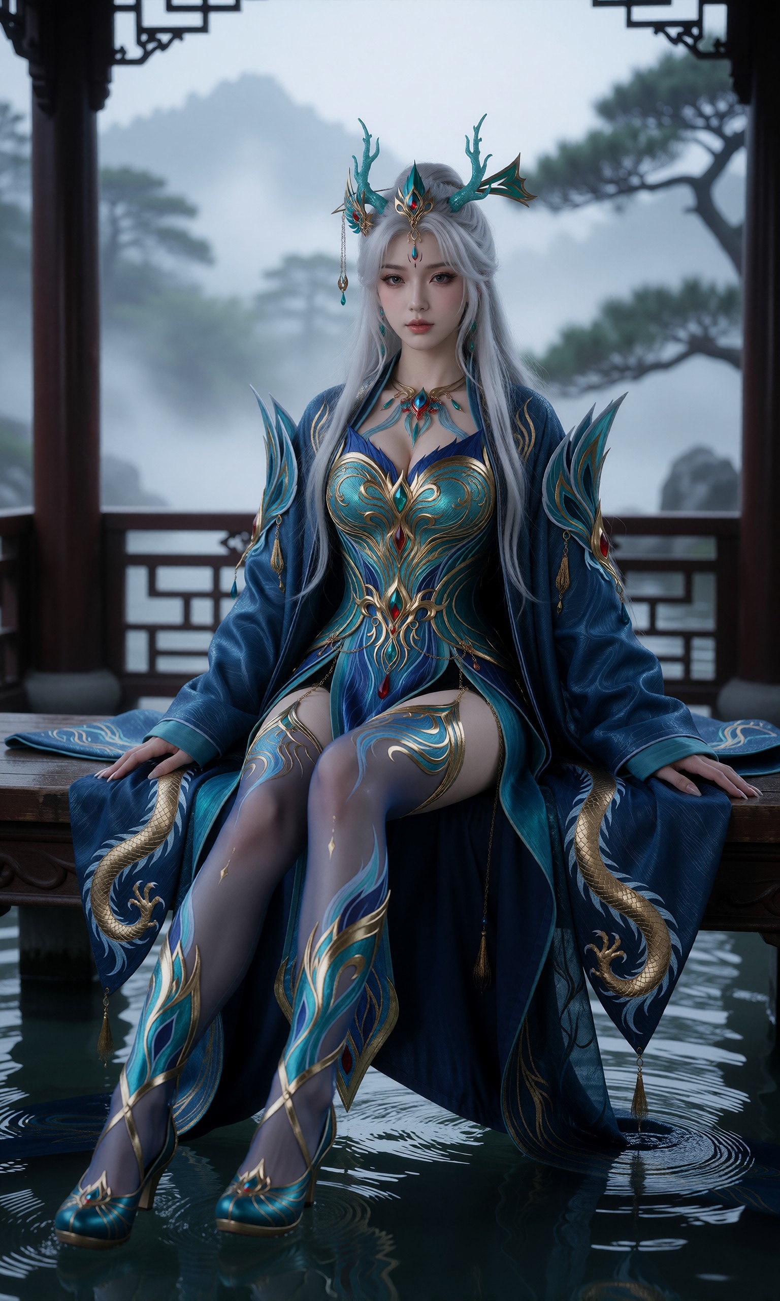 图片[3]-V-Girl.035 蓝金龙纹装的白发女子在古风场景中-微草幻图