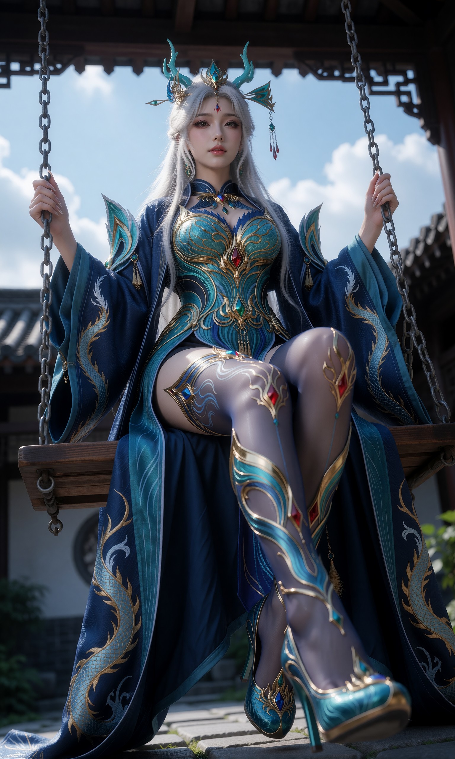 图片[1]-V-Girl.035 蓝金龙纹装的白发女子在古风场景中-微草幻图