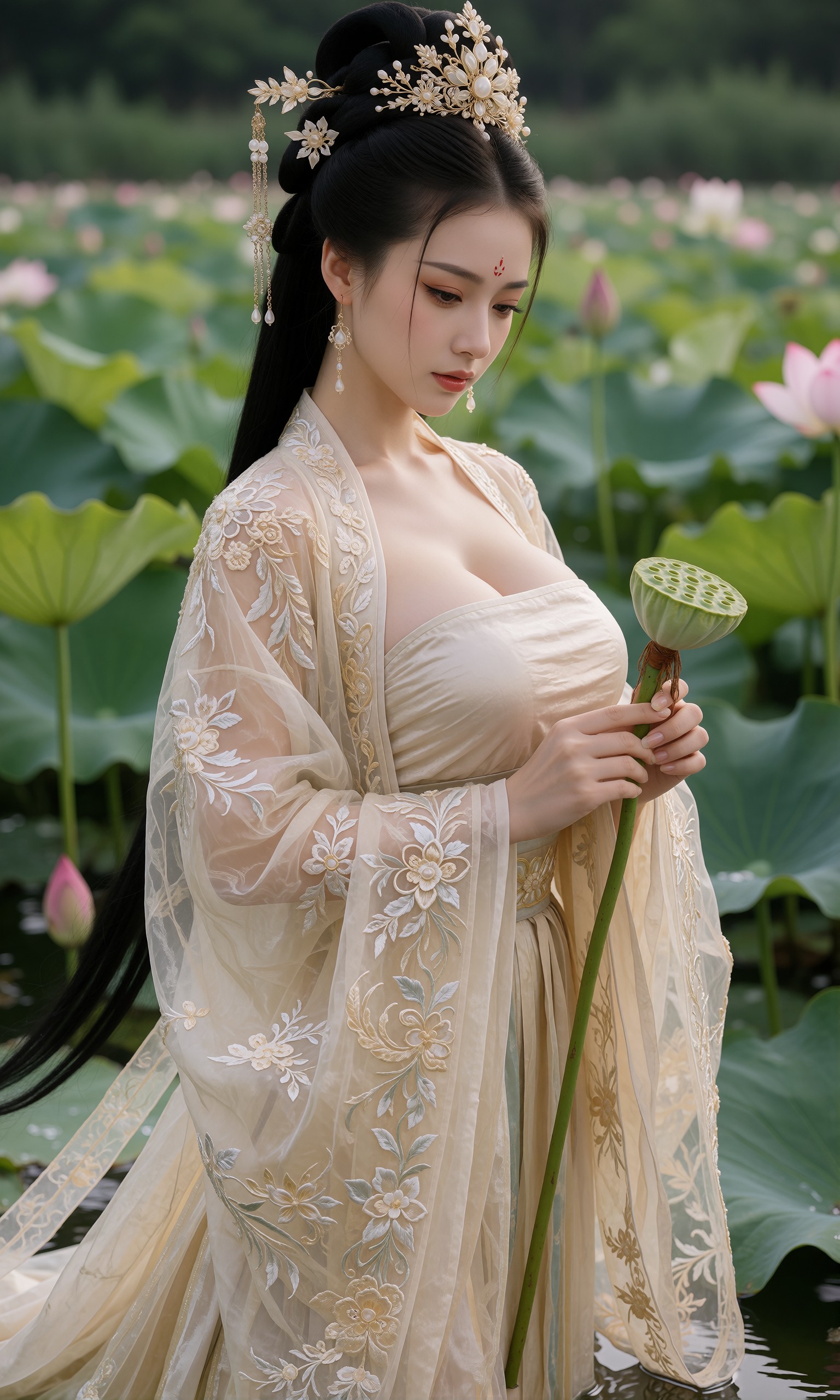 图片[3]-V-Girl.037 古风女子在荷塘边手持莲蓬与书卷-微草幻图
