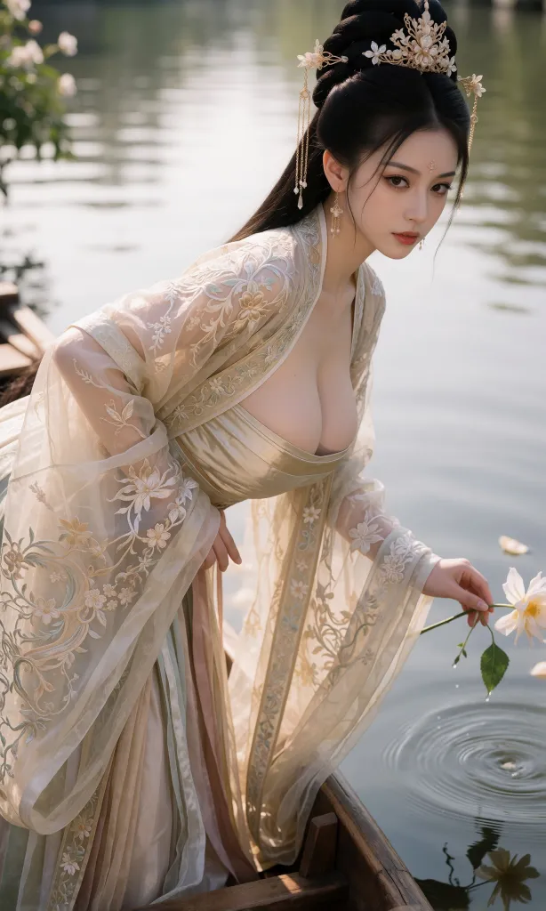 V-Girl.037 古风女子在荷塘边手持莲蓬与书卷-微草幻图