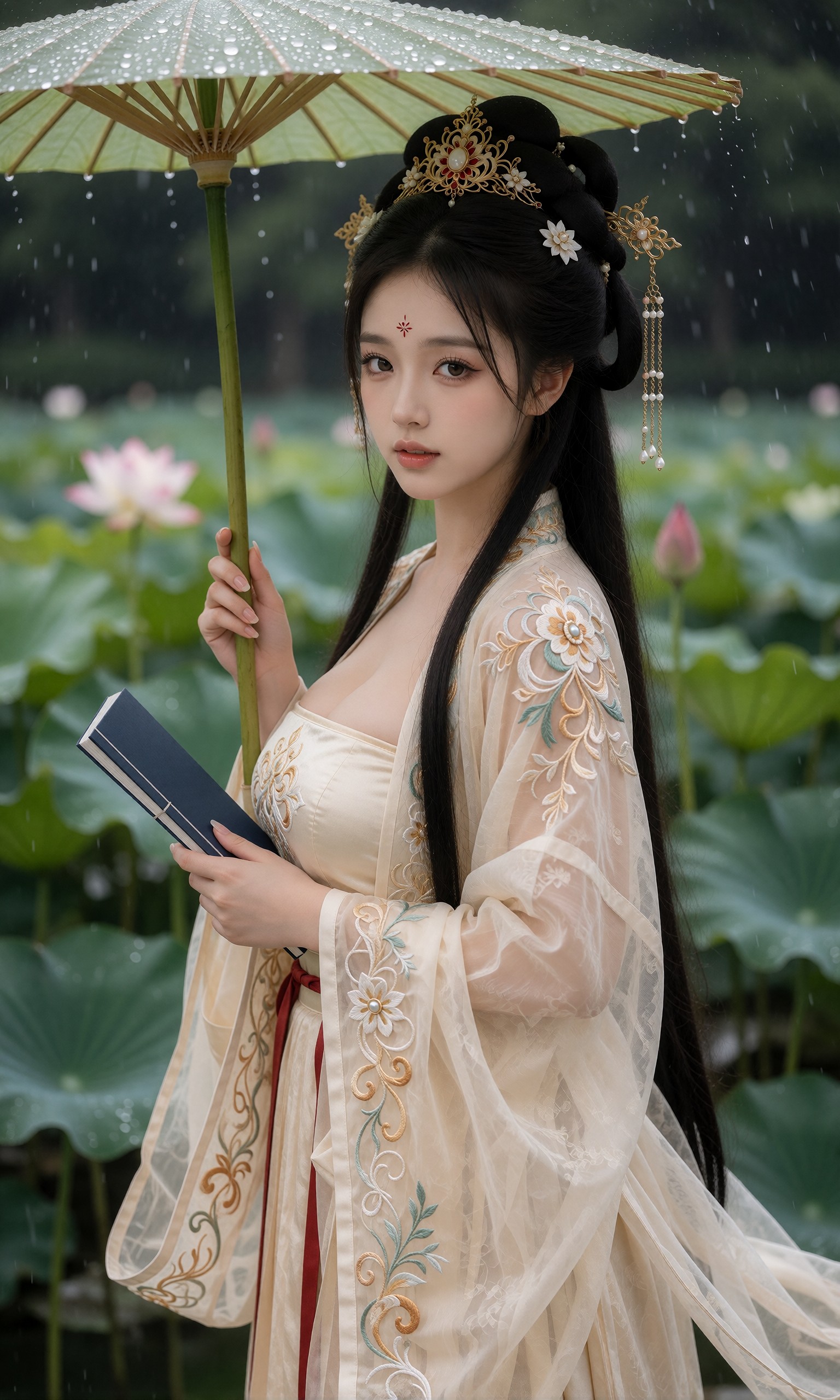 图片[2]-V-Girl.038 雨中执伞，古装女子与荷塘的静谧时光-微草幻图