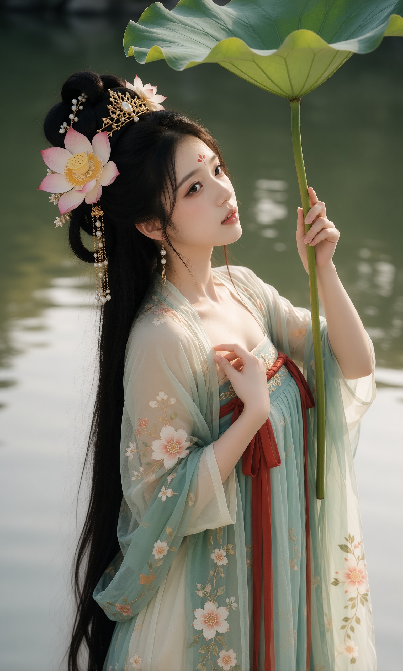 图片[3]-V-Girl.039 古风女子荷塘边的静谧瞬间-微草幻图