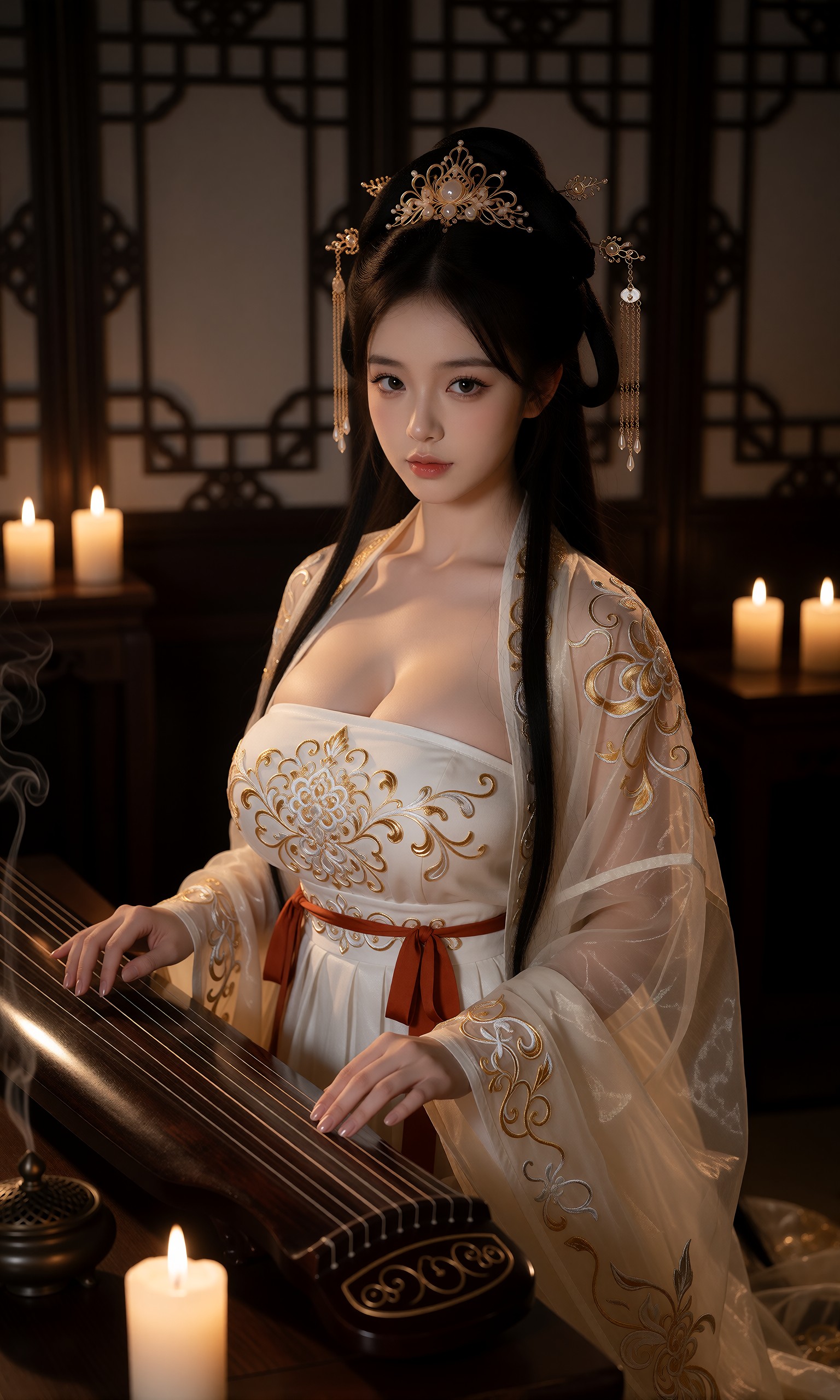 图片[1]-V-Girl.045 烛光下的古风女子弹琴瞬间-微草幻图