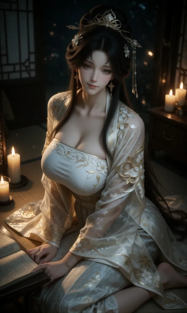 V-Girl.046 一袭白纱金绣，绝美古装少女在摇曳烛光与落雪间静坐-微草幻图