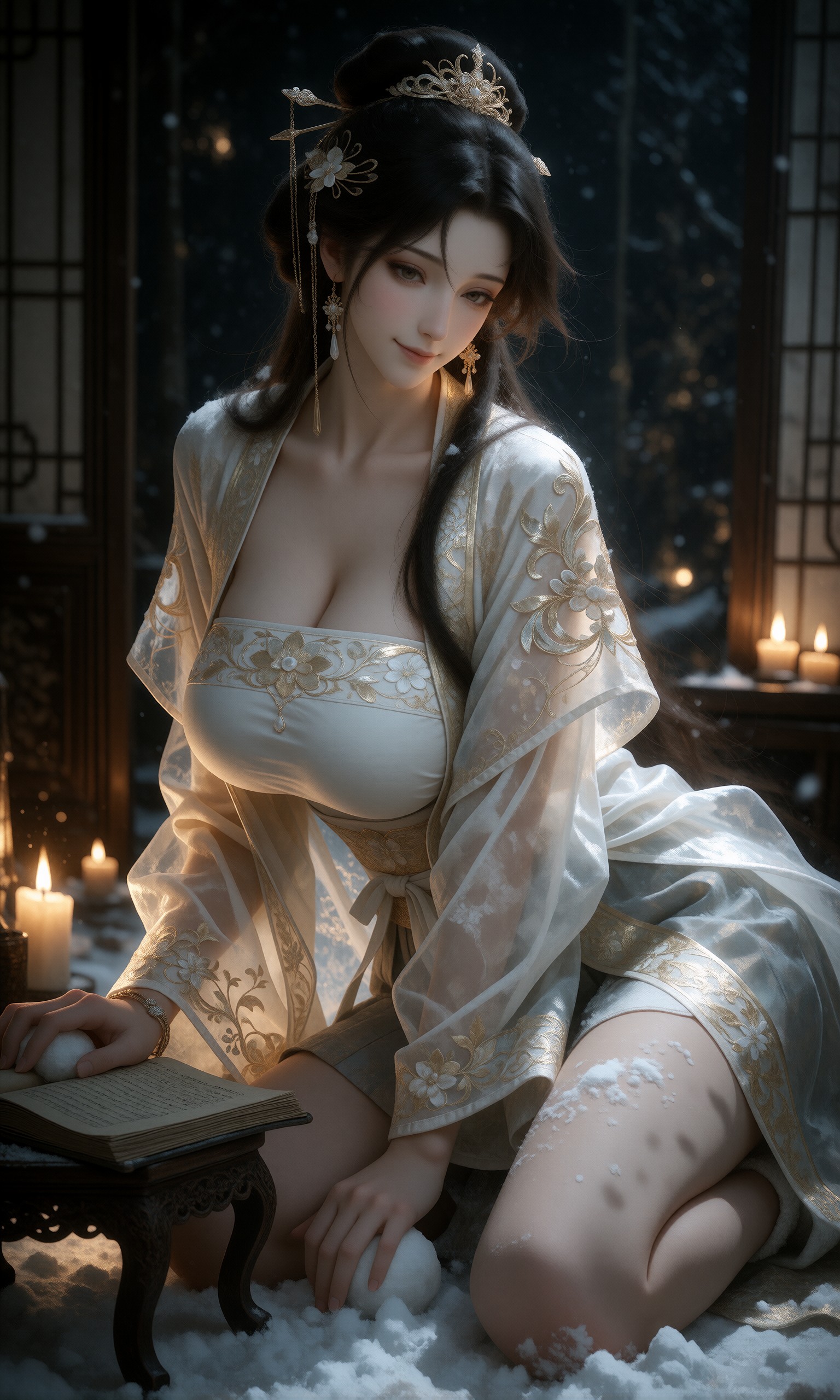 图片[2]-V-Girl.046 一袭白纱金绣，绝美古装少女在摇曳烛光与落雪间静坐-微草幻图