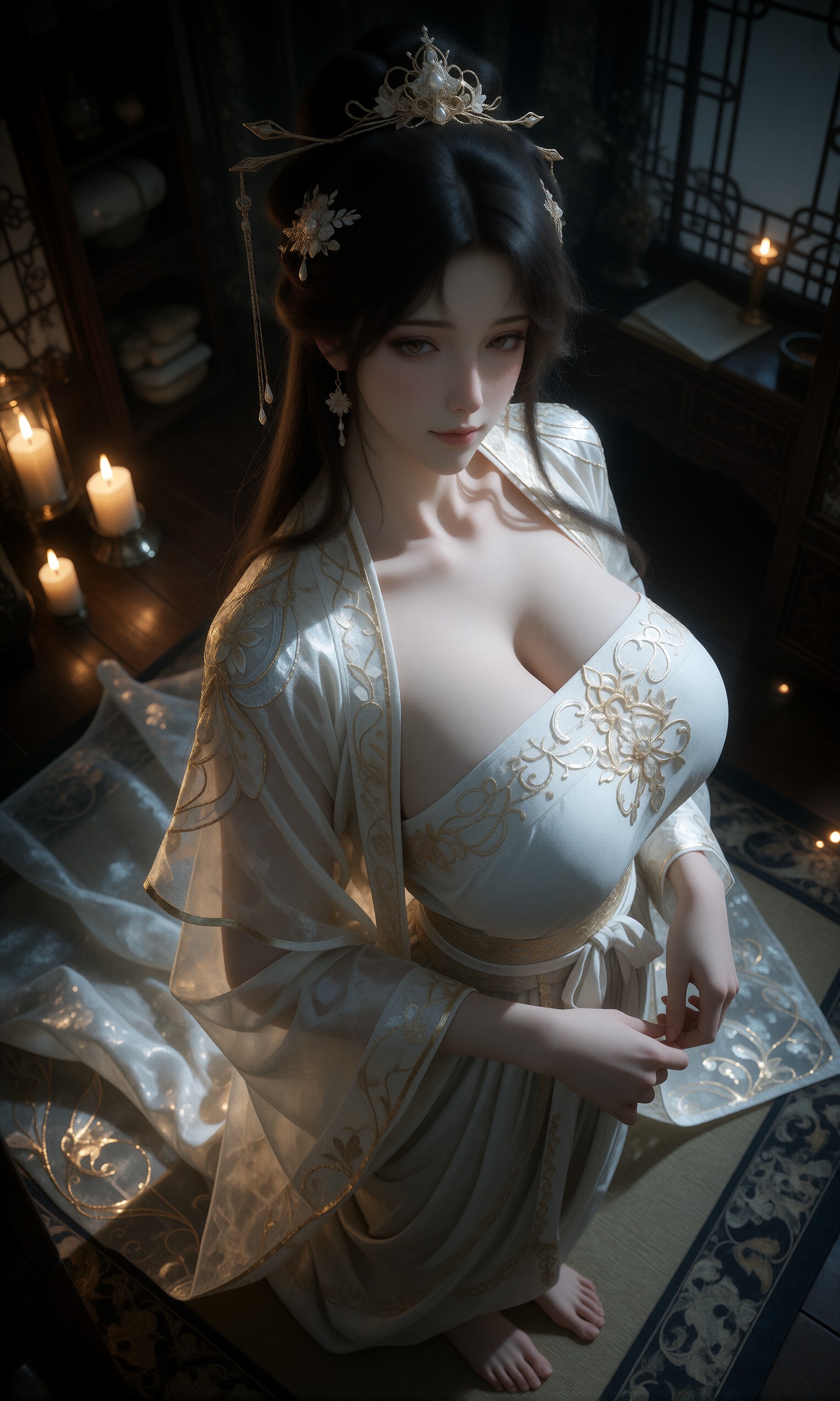 图片[3]-V-Girl.046 一袭白纱金绣，绝美古装少女在摇曳烛光与落雪间静坐-微草幻图