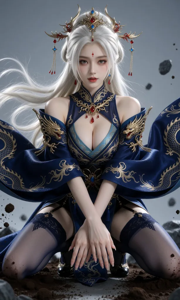 V-Girl.047 白发配藏青龙纹衣，她跪在沙地水里托起一点微光-微草幻图