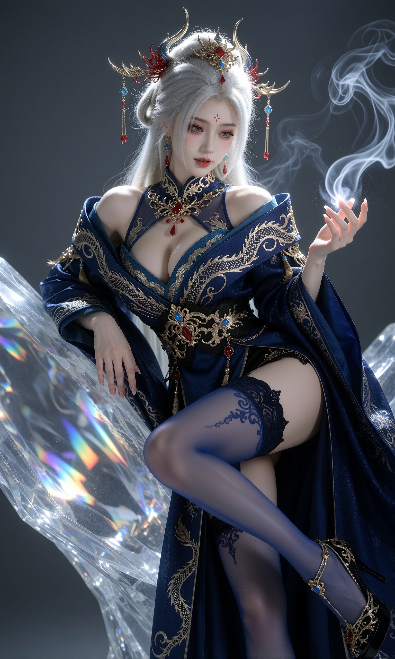 图片[3]-V-Girl.047 白发配藏青龙纹衣，她跪在沙地水里托起一点微光-微草幻图
