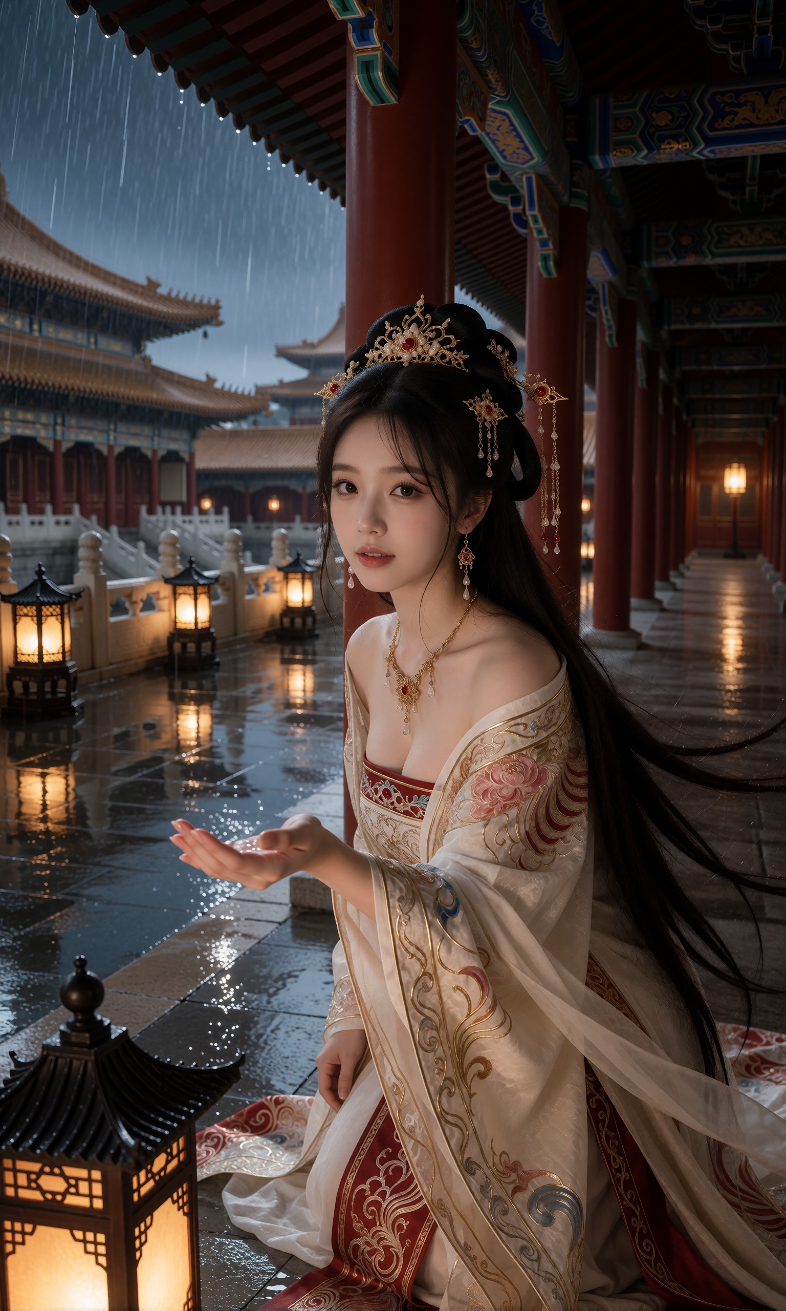 图片[3]-V-Girl.048 红墙长廊的雨里，她摊开手心接住那一捧凉意-微草幻图