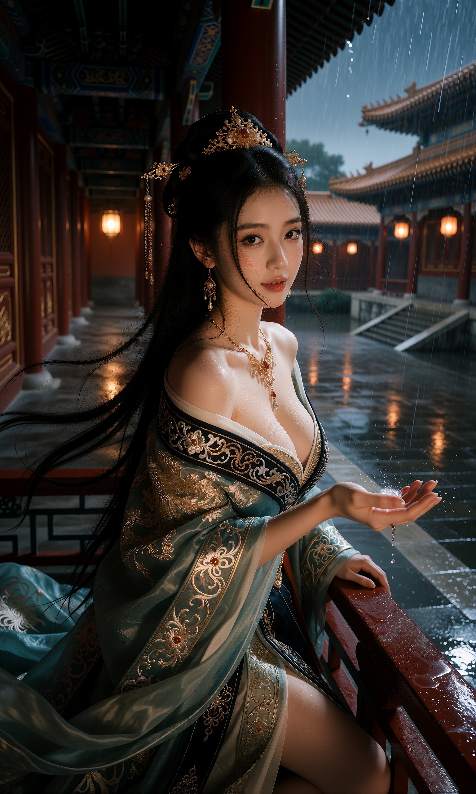 图片[2]-V-Girl.049 檐下雨敲回廊，她伸手接一捧凉，宫灯照着旧时衣裳-微草幻图