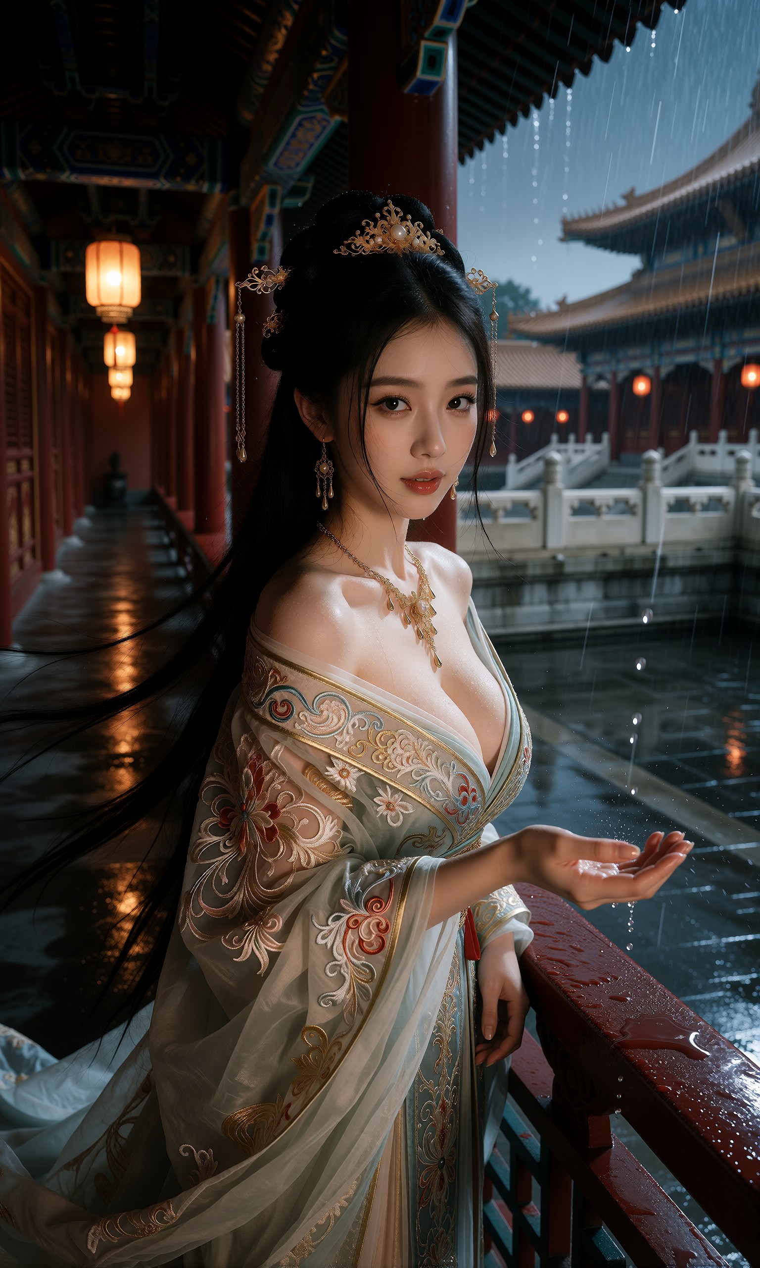 图片[3]-V-Girl.049 檐下雨敲回廊，她伸手接一捧凉，宫灯照着旧时衣裳-微草幻图