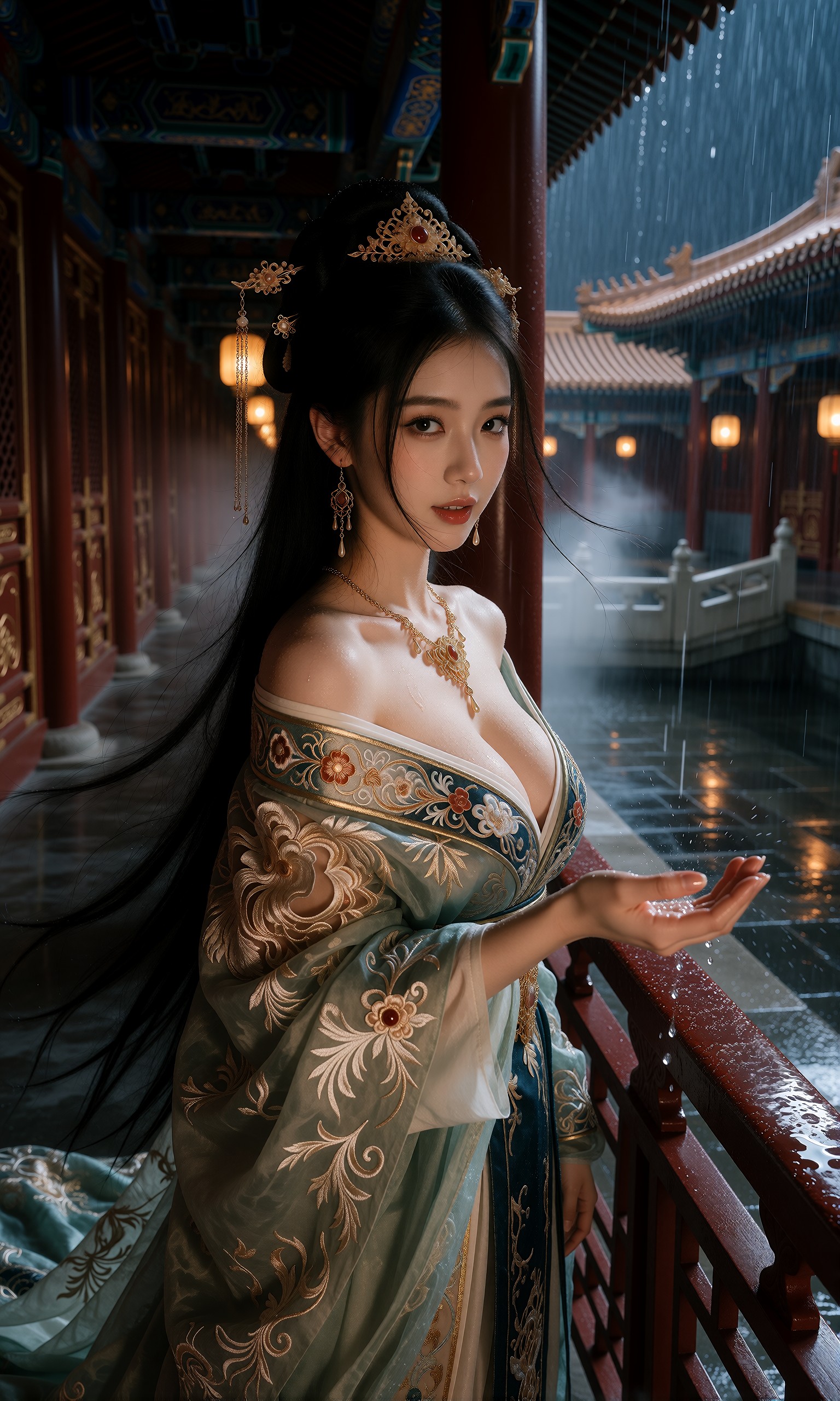 图片[1]-V-Girl.049 檐下雨敲回廊，她伸手接一捧凉，宫灯照着旧时衣裳-微草幻图