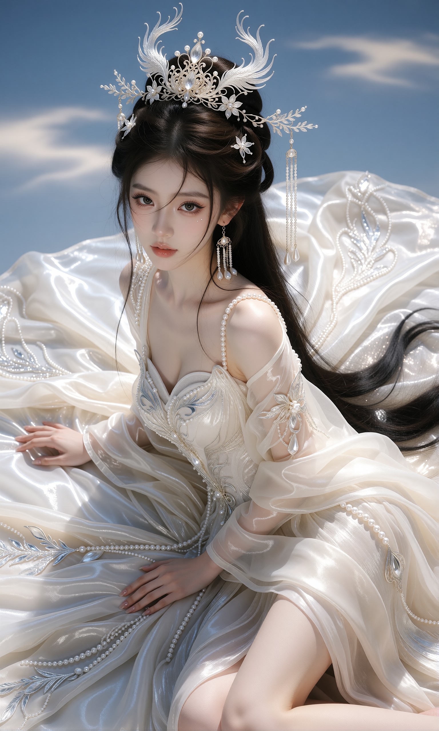 图片[2]-V-Girl.050 白衣珠冠的仙侠少女，把云和光都穿在了身上-微草幻图