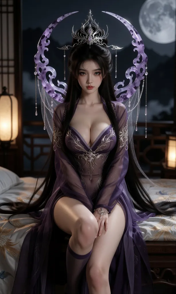 V-Girl.052 紫纱薄透配月牙银冠，古风美人独坐灯影里夜未央-微草幻图