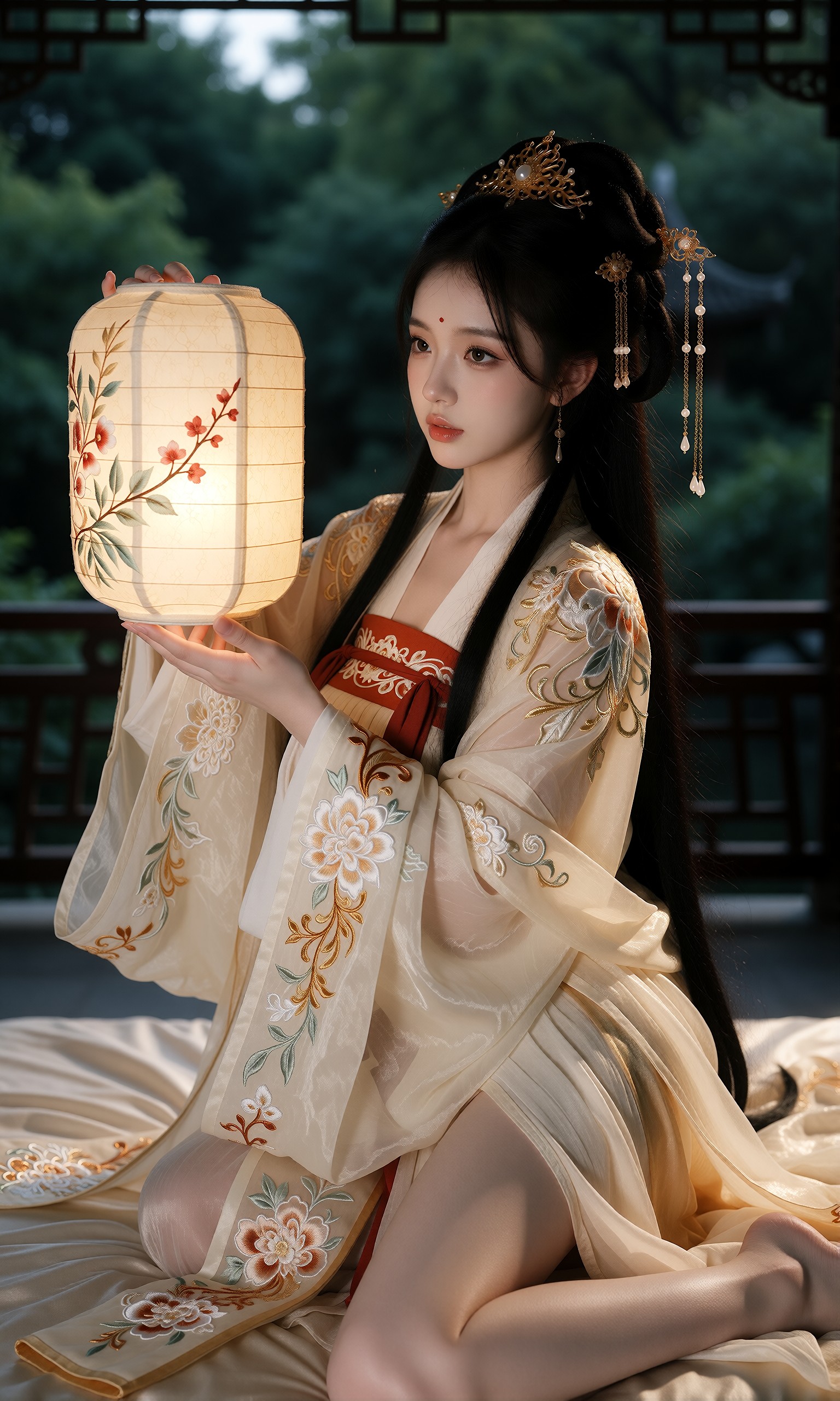 图片[1]-V-Girl.053 暮色亭台里提灯照影，一袭绣花汉服藏着古典的温柔-微草幻图