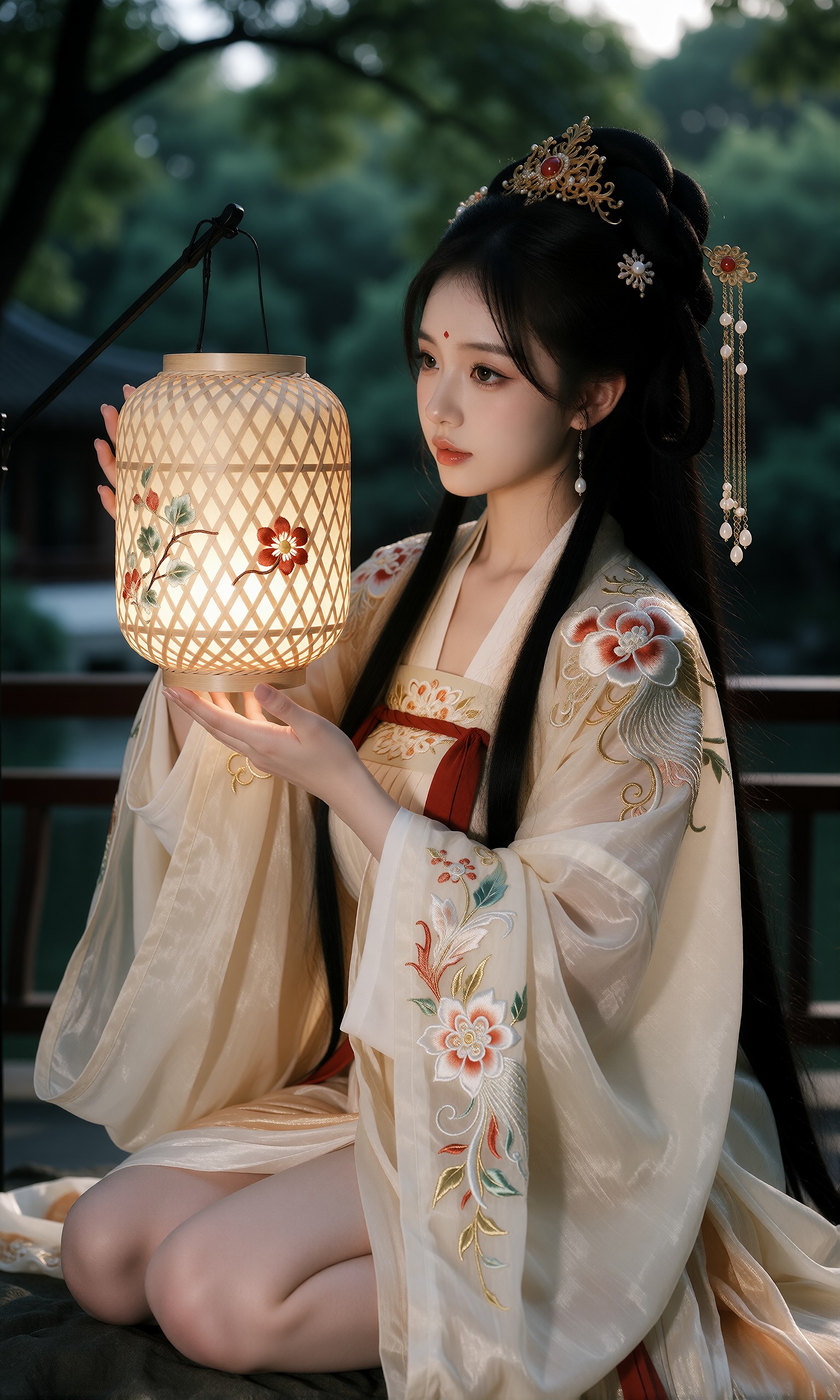 图片[3]-V-Girl.053 暮色亭台里提灯照影，一袭绣花汉服藏着古典的温柔-微草幻图