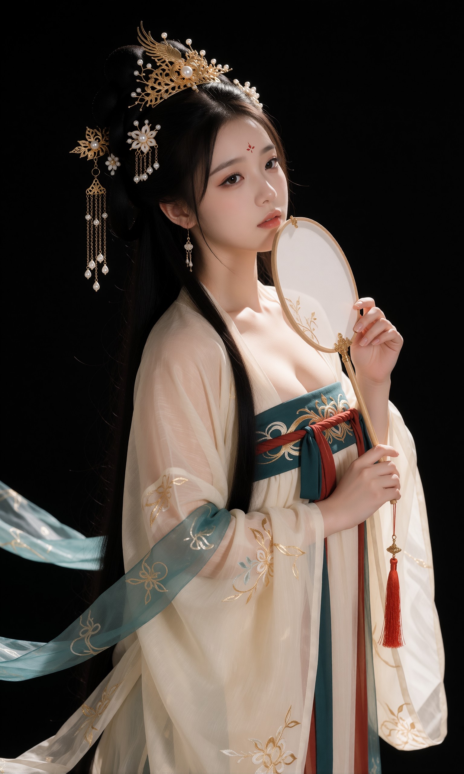 图片[2]-V-Girl.055 素纱金冠配团扇，一盏茶一张琴，把古典仕女拍进黑底里-微草幻图